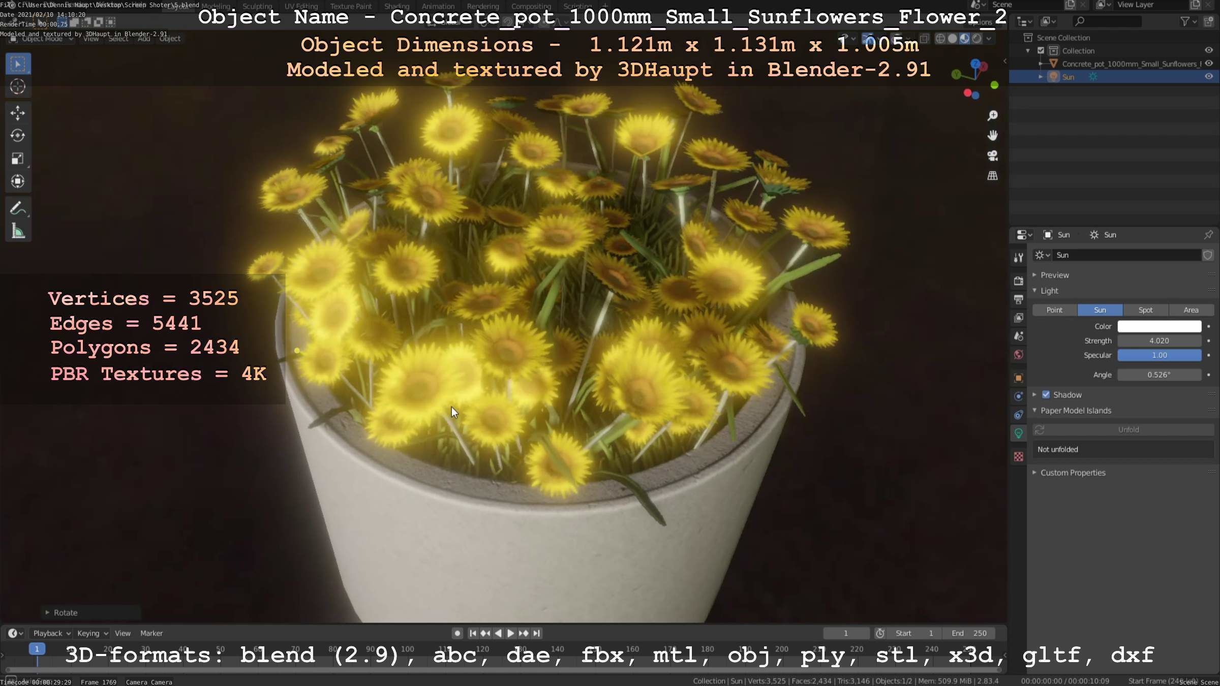 Concrete Pipe Pot 1000mm with Small Sunflowers Version 2 Low-poly 3D model_67
