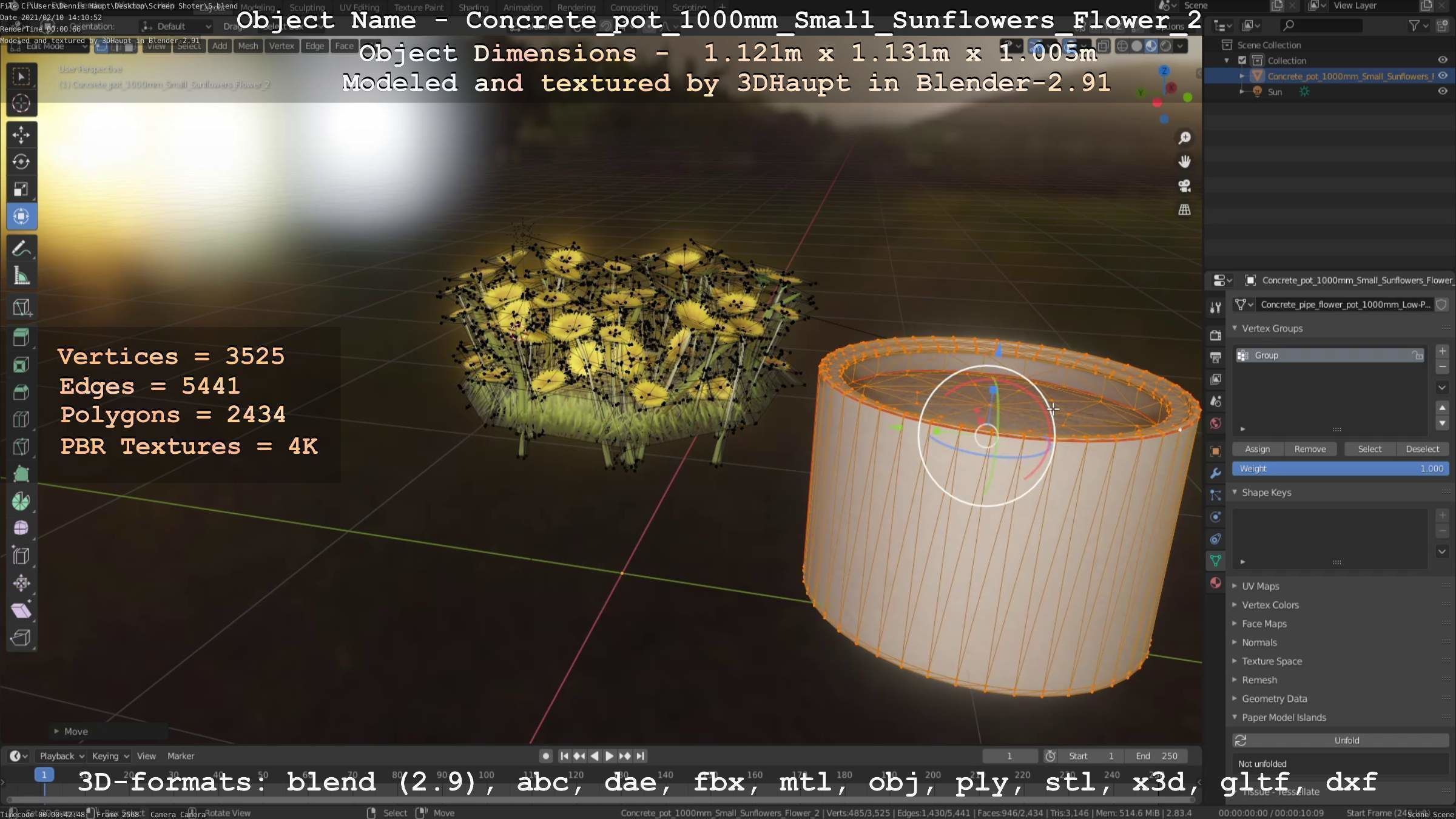 Concrete Pipe Pot 1000mm with Small Sunflowers Version 2 Low-poly 3D model_3