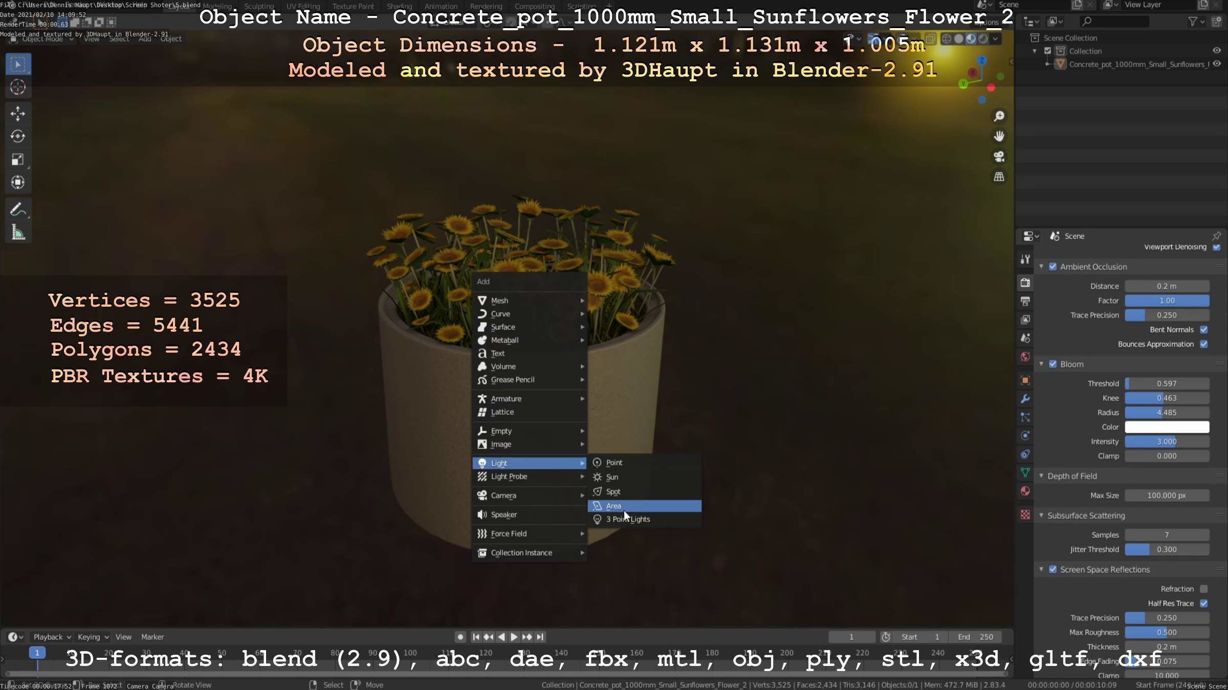 Concrete Pipe Pot 1000mm with Small Sunflowers Version 2 Low-poly 3D model_25