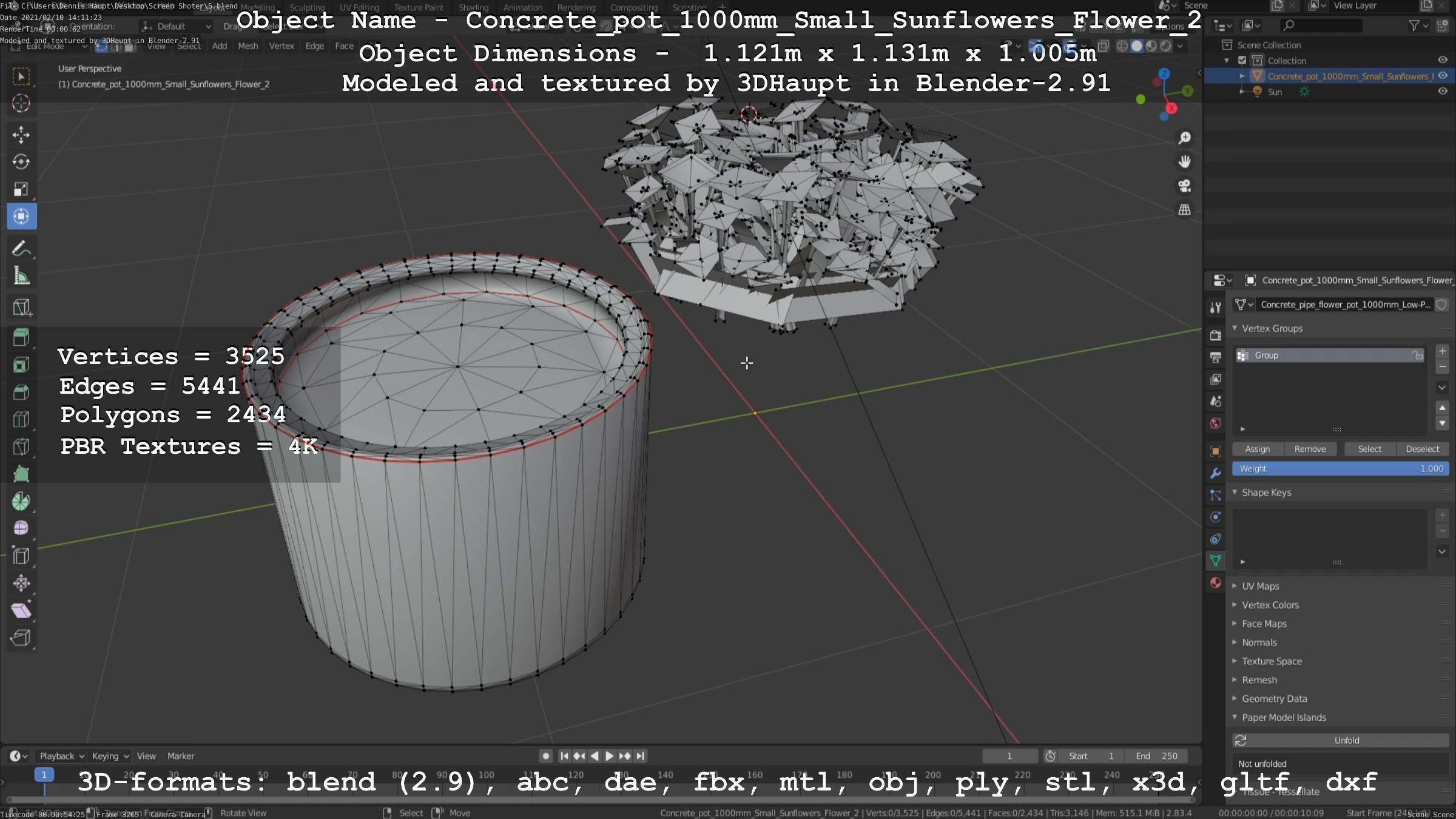 Concrete Pipe Pot 1000mm with Small Sunflowers Version 2 Low-poly 3D model_109