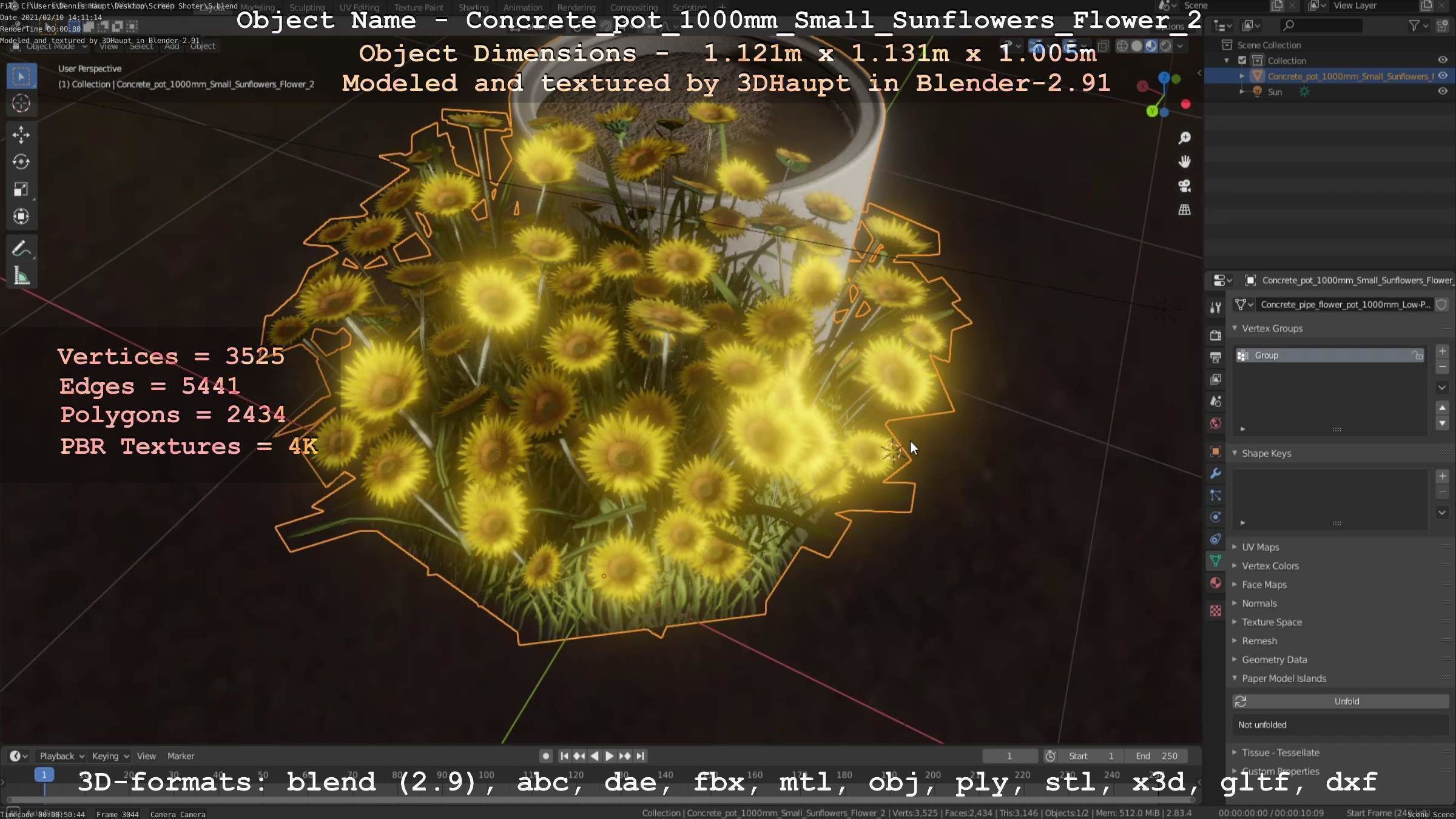 Concrete Pipe Pot 1000mm with Small Sunflowers Version 2 Low-poly 3D model_10