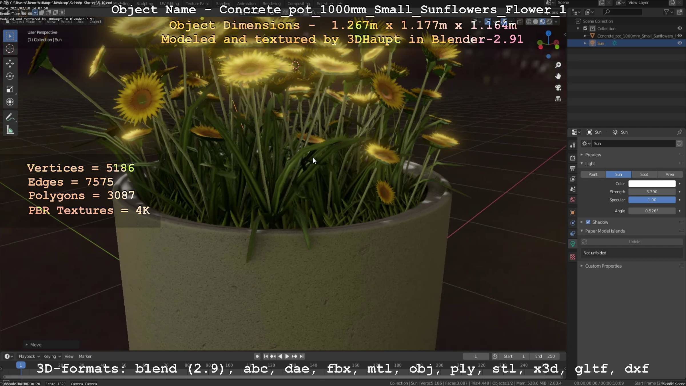 Concrete Pipe Pot 1000mm with Small Sunflowers Version 1 Low-poly 3D model_32