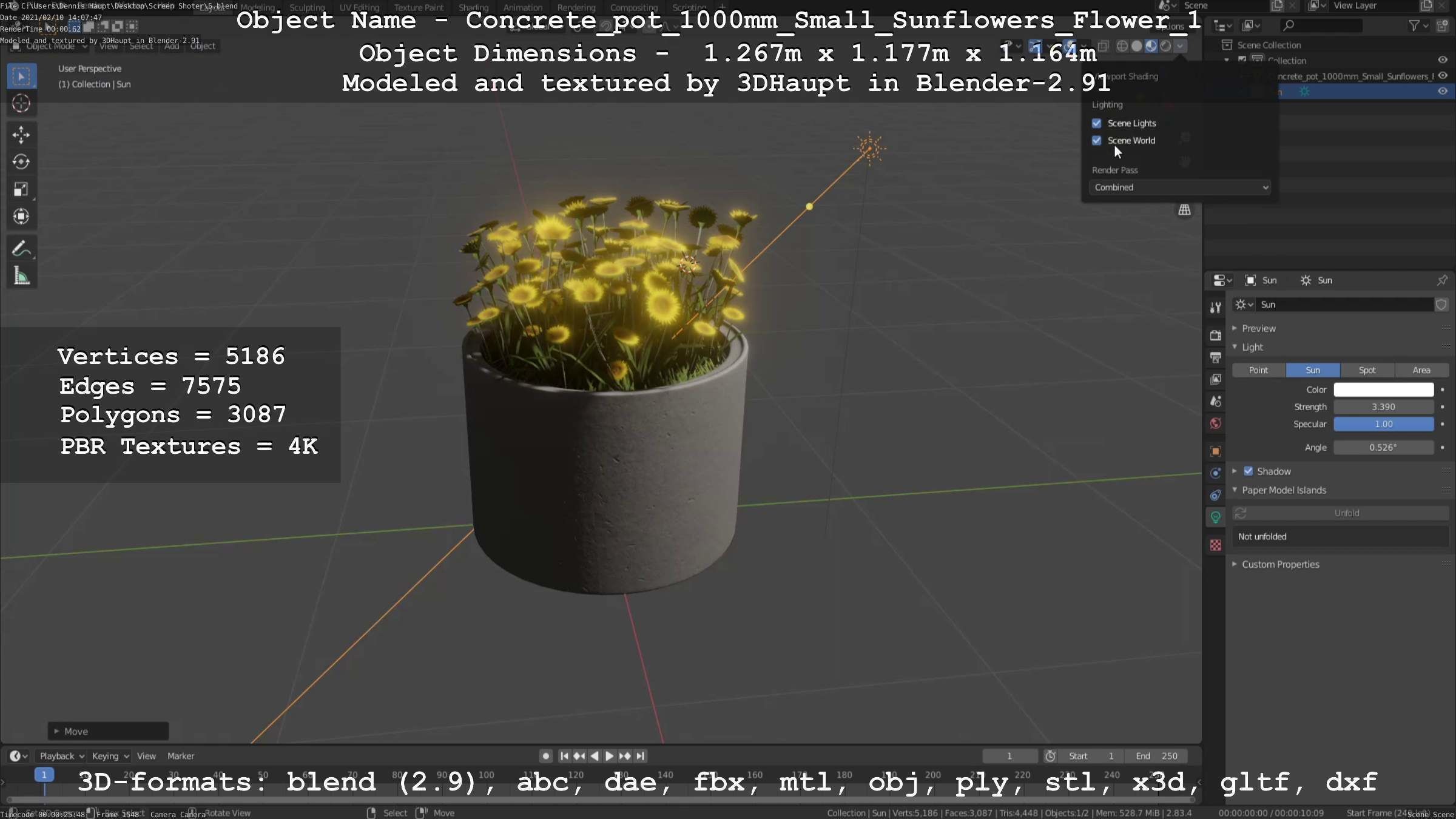 Concrete Pipe Pot 1000mm with Small Sunflowers Version 1 Low-poly 3D model_89