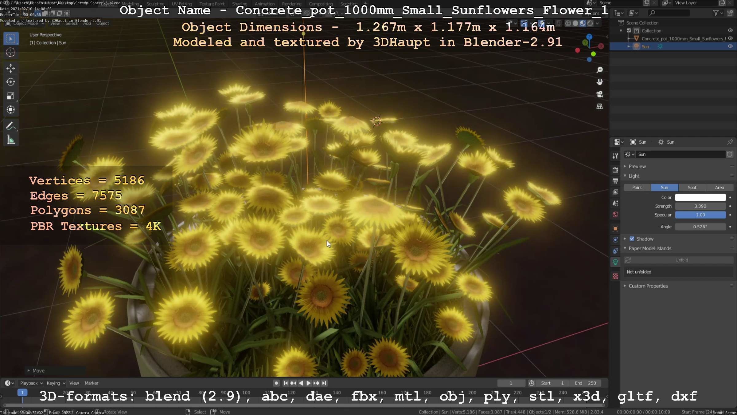 Concrete Pipe Pot 1000mm with Small Sunflowers Version 1 Low-poly 3D model_36