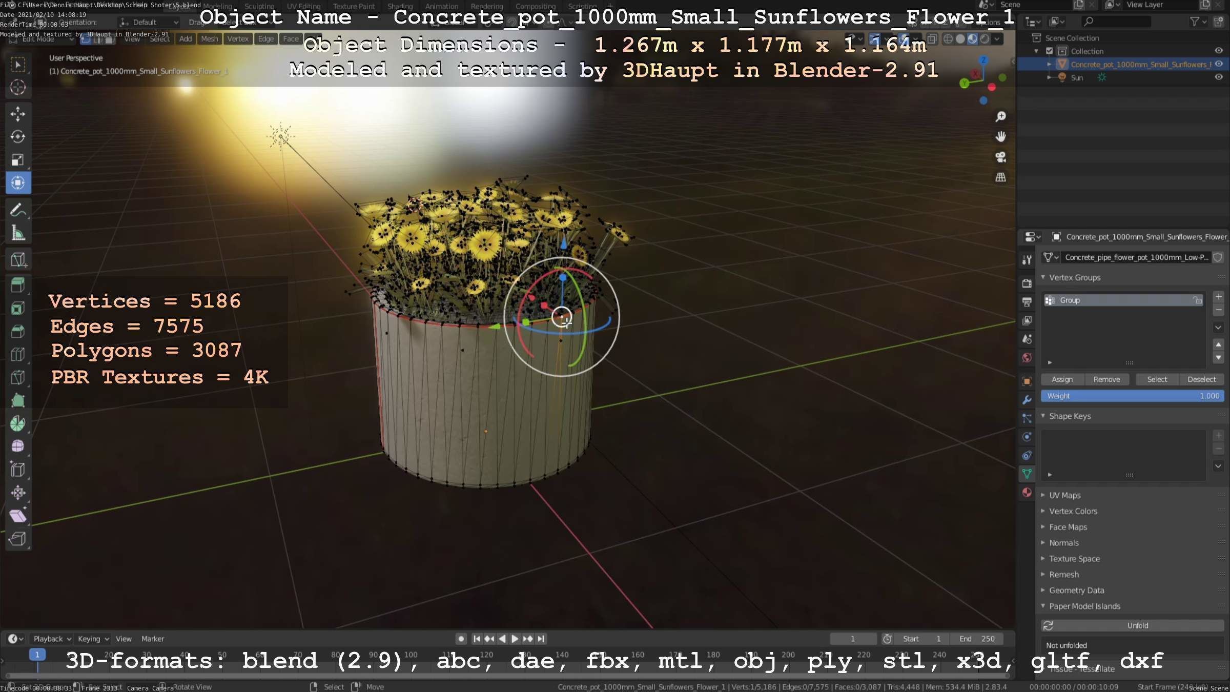 Concrete Pipe Pot 1000mm with Small Sunflowers Version 1 Low-poly 3D model_55