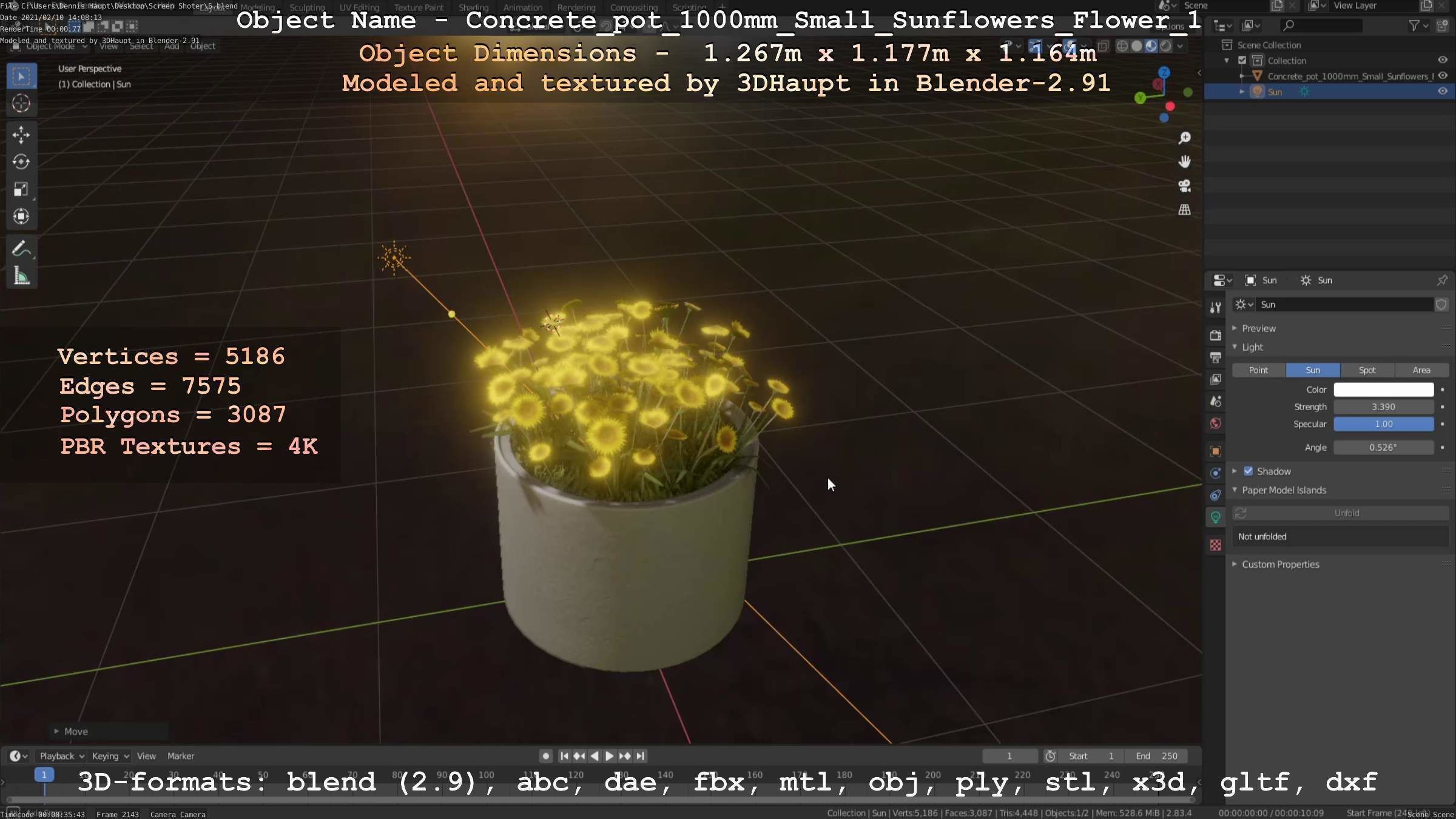 Concrete Pipe Pot 1000mm with Small Sunflowers Version 1 Low-poly 3D model_45