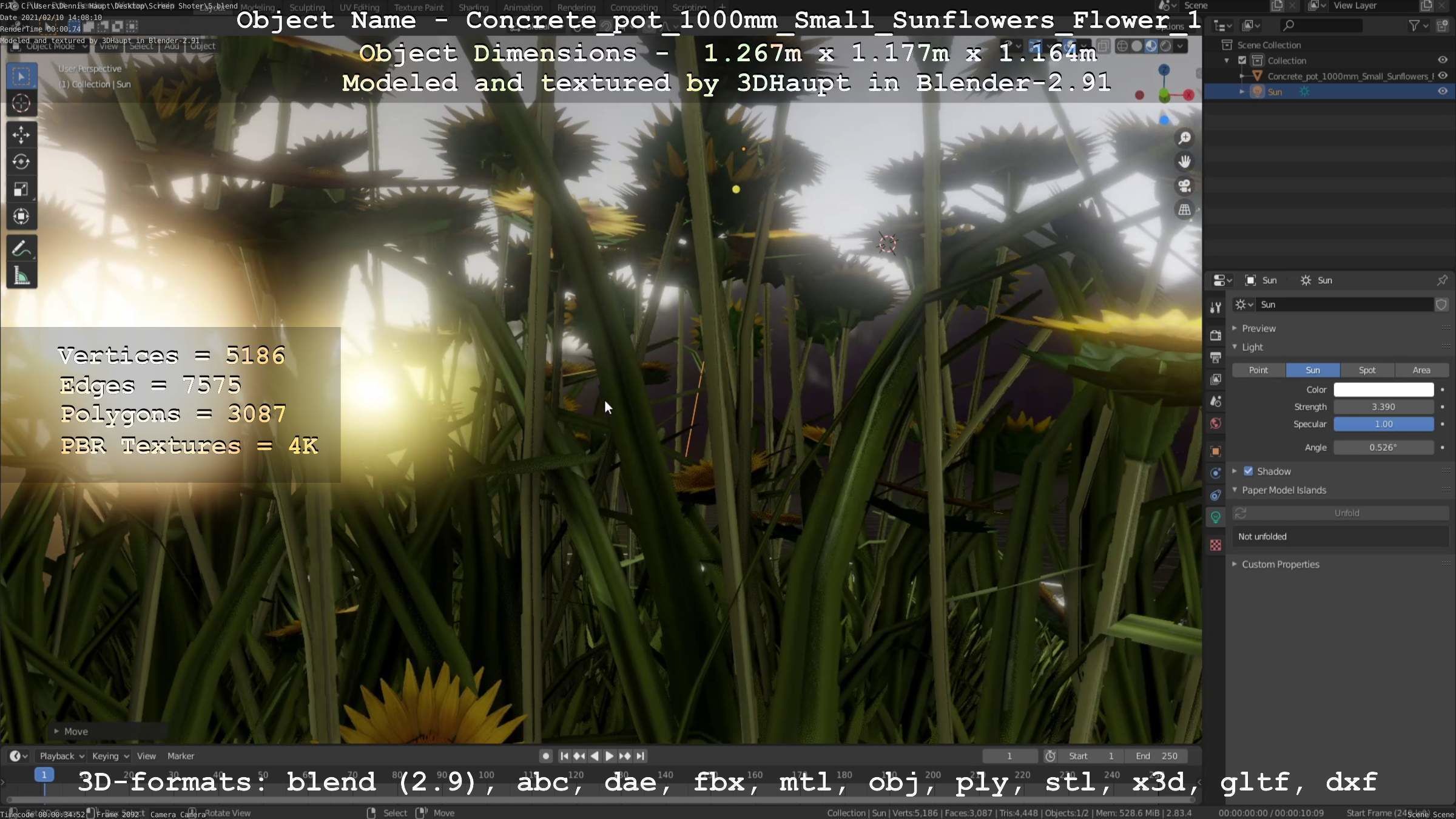 Concrete Pipe Pot 1000mm with Small Sunflowers Version 1 Low-poly 3D model_31