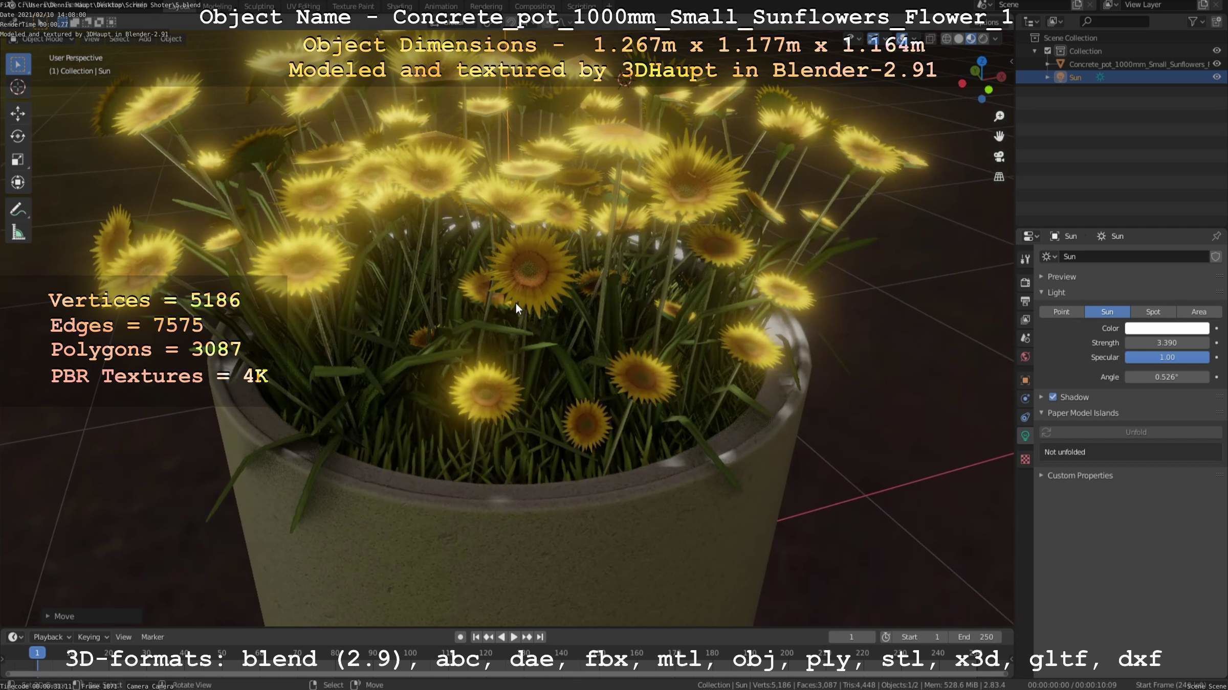Concrete Pipe Pot 1000mm with Small Sunflowers Version 1 Low-poly 3D model_34