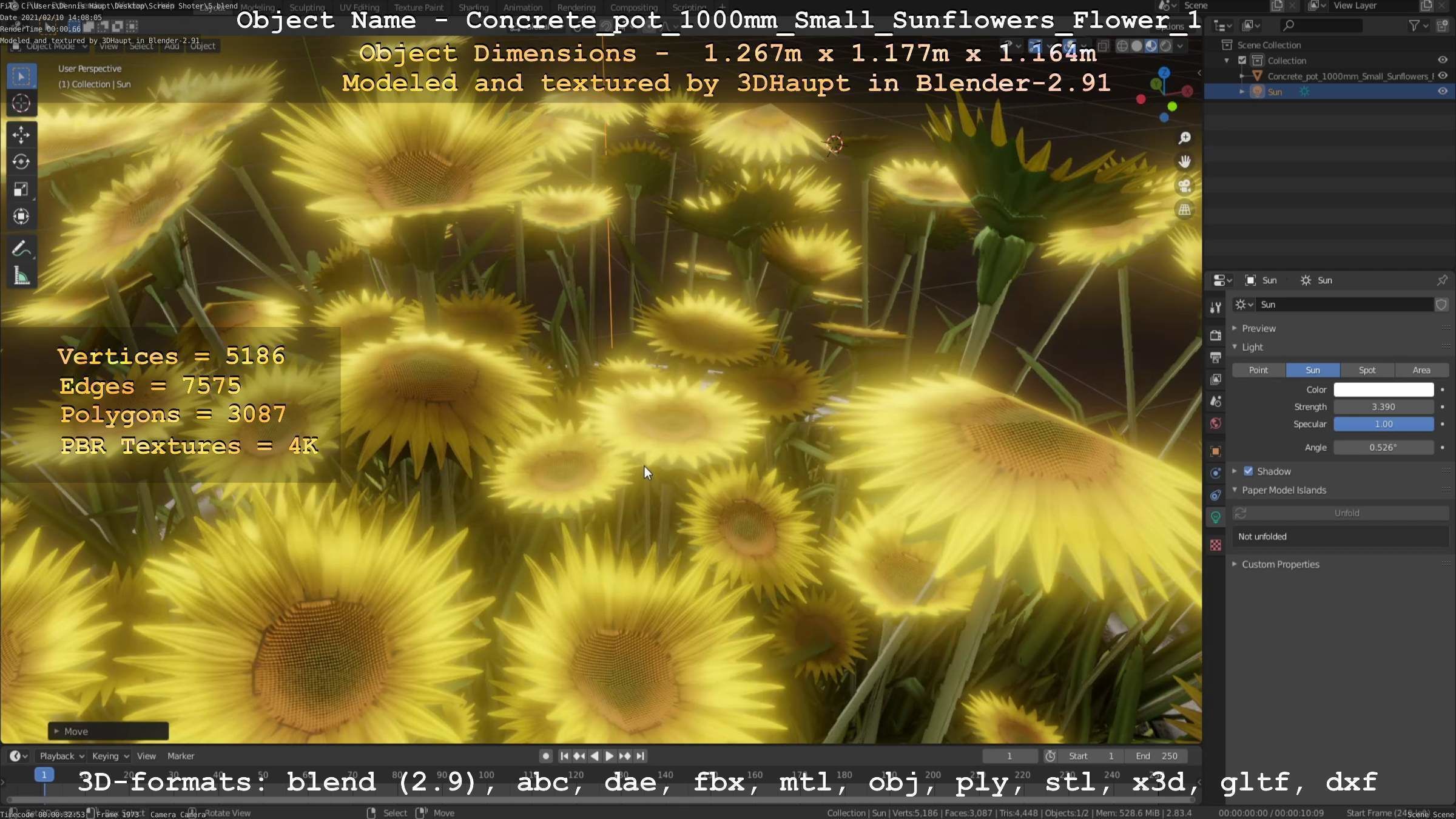 Concrete Pipe Pot 1000mm with Small Sunflowers Version 1 Low-poly 3D model_38