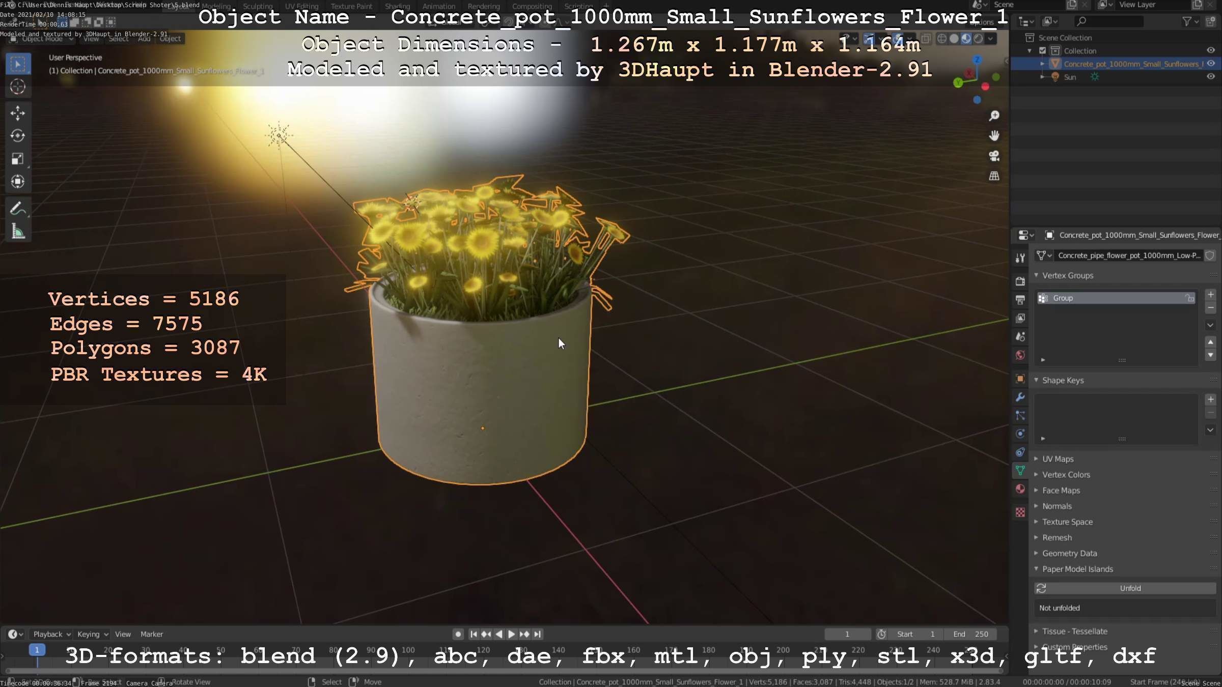 Concrete Pipe Pot 1000mm with Small Sunflowers Version 1 Low-poly 3D model_5