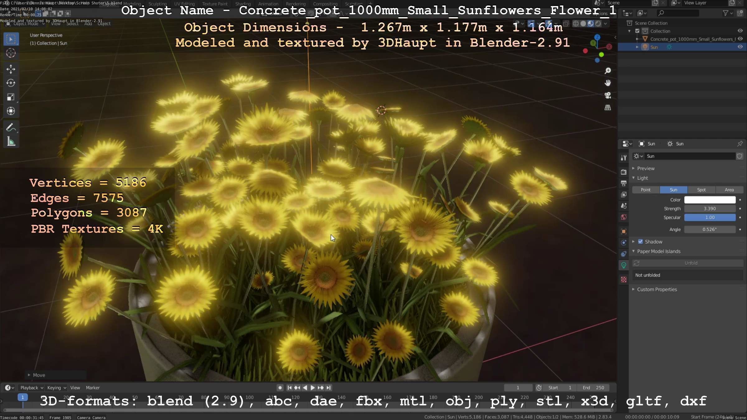 Concrete Pipe Pot 1000mm with Small Sunflowers Version 1 Low-poly 3D model_28