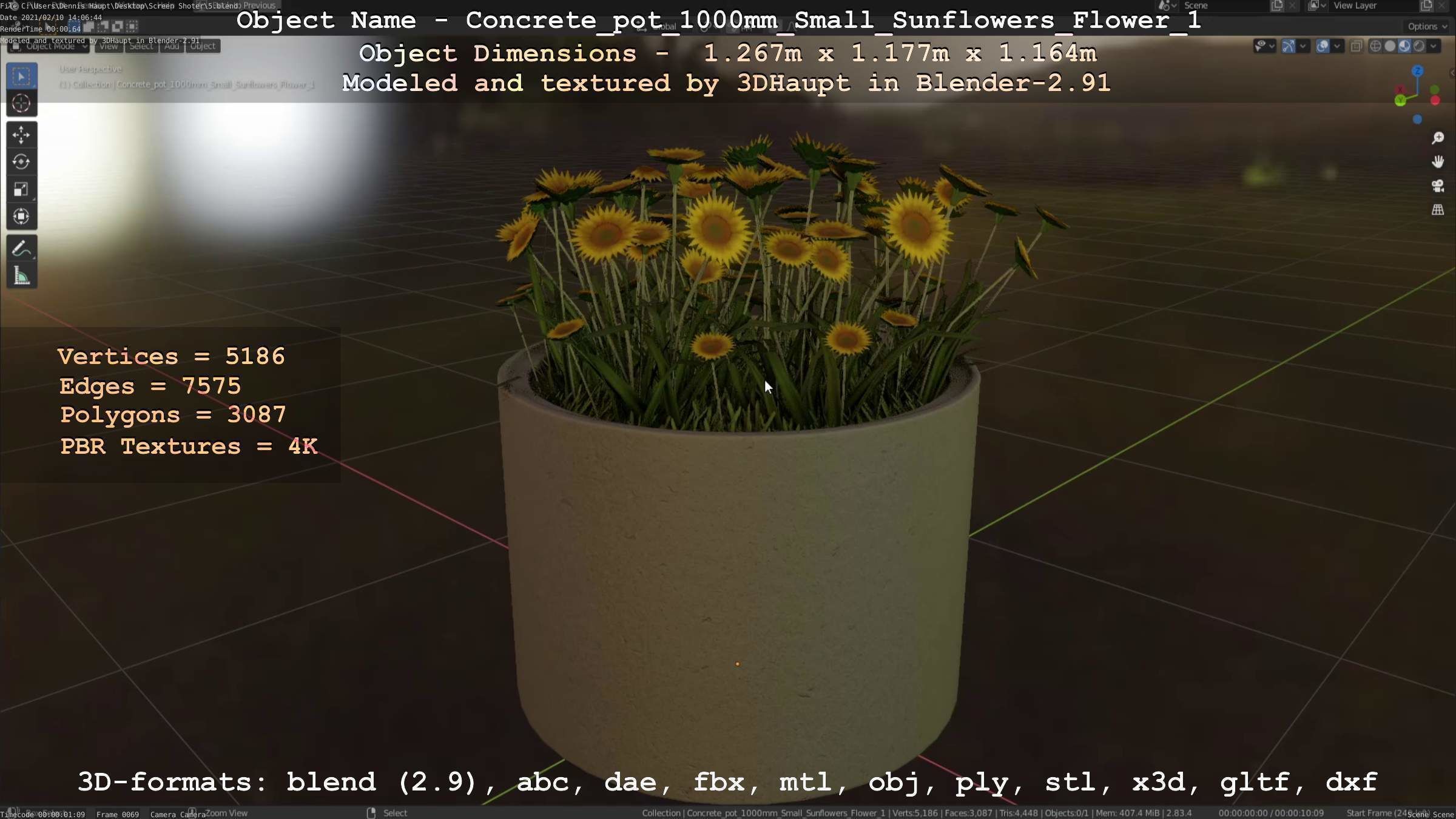 Concrete Pipe Pot 1000mm with Small Sunflowers Version 1 Low-poly 3D model_66