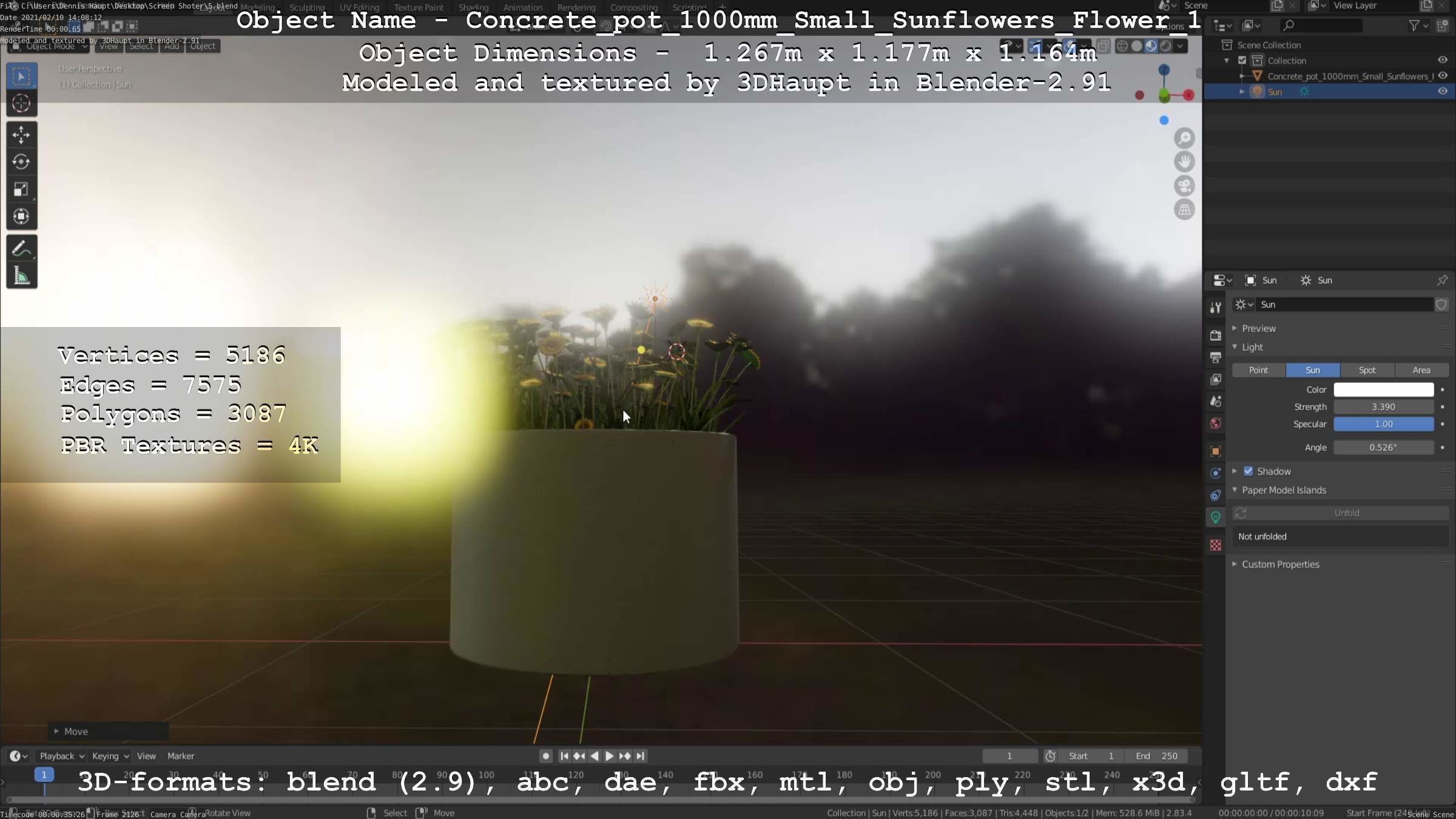 Concrete Pipe Pot 1000mm with Small Sunflowers Version 1 Low-poly 3D model_44