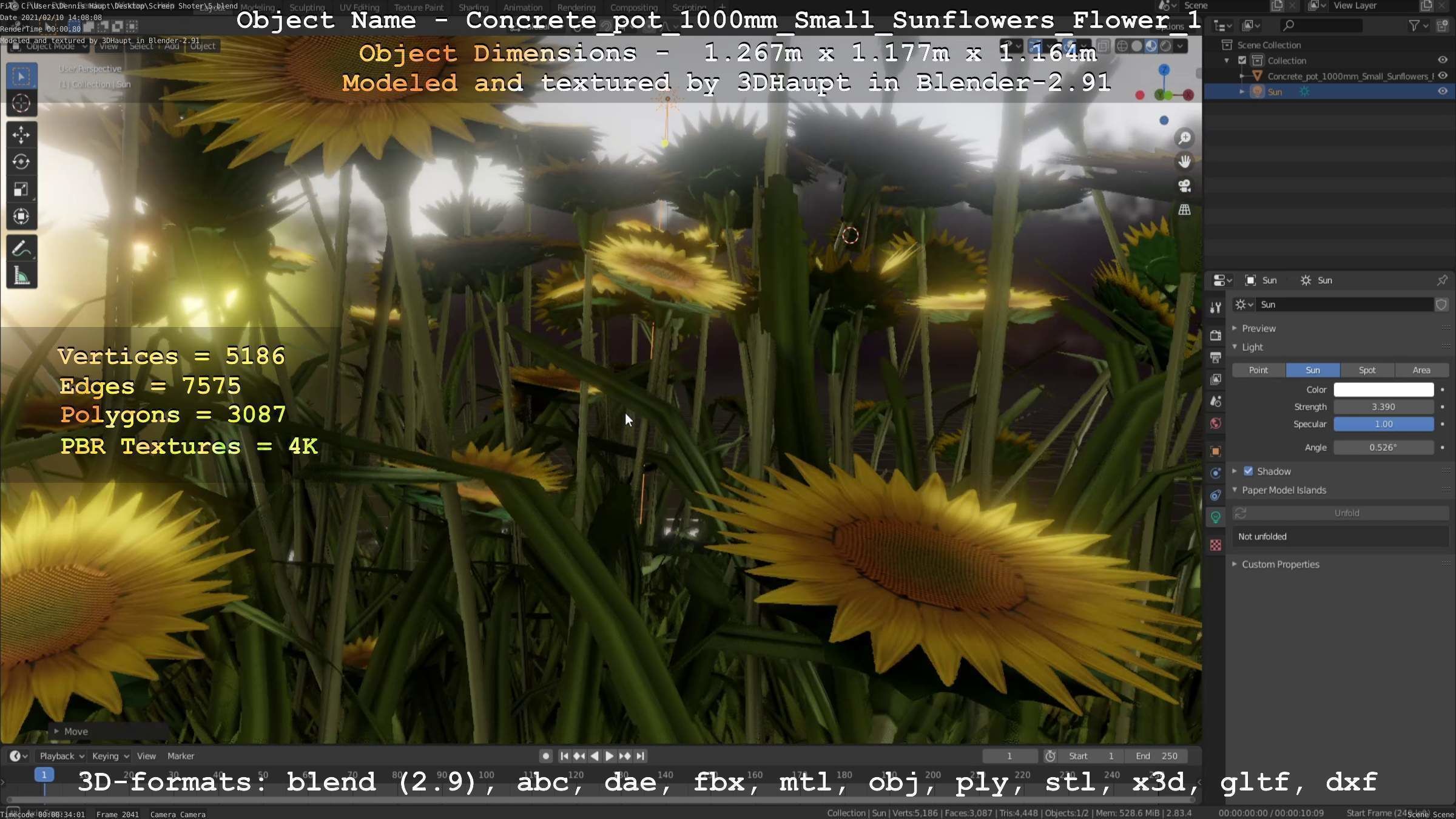 Concrete Pipe Pot 1000mm with Small Sunflowers Version 1 Low-poly 3D model_40