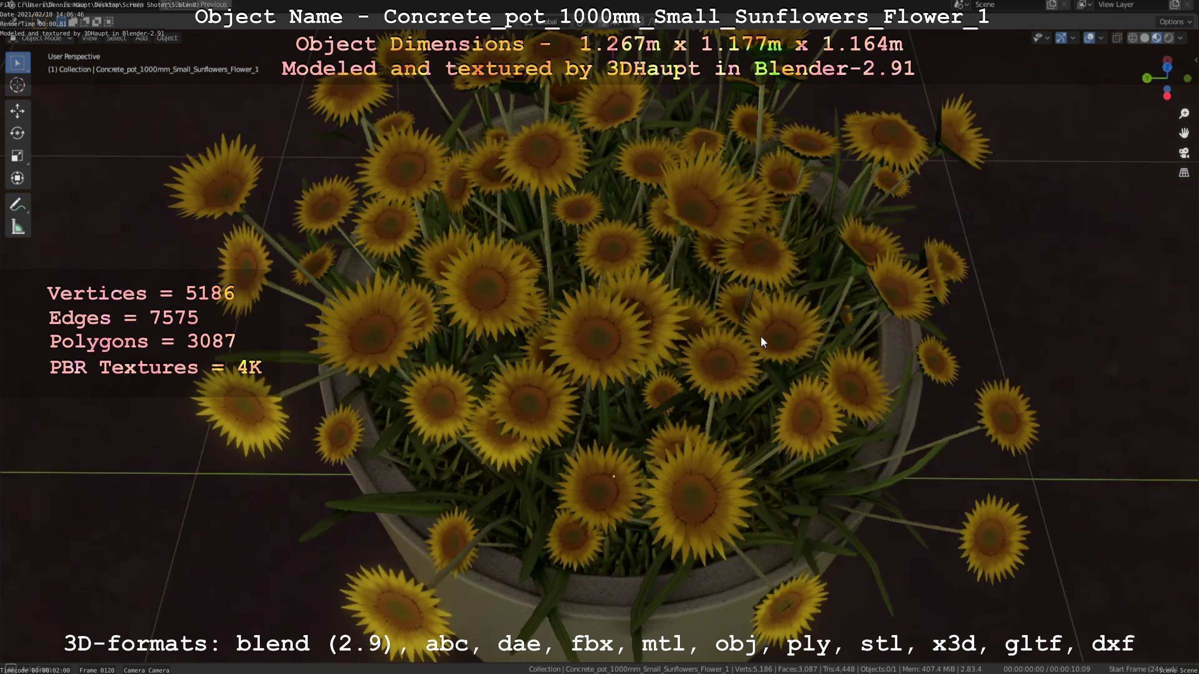 Concrete Pipe Pot 1000mm with Small Sunflowers Version 1 Low-poly 3D model_69