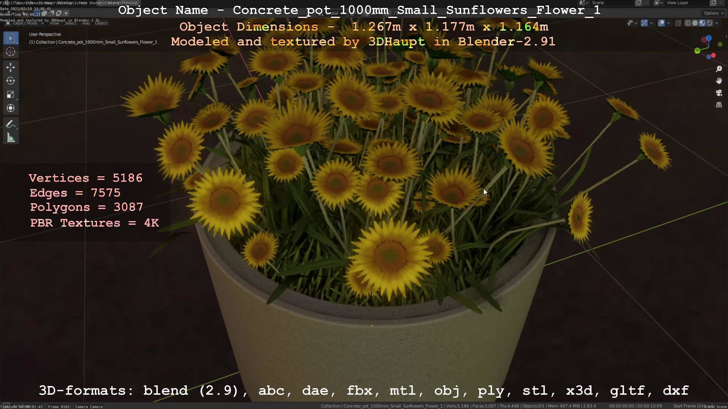 Concrete Pipe Pot 1000mm with Small Sunflowers Version 1 Low-poly 3D model_68