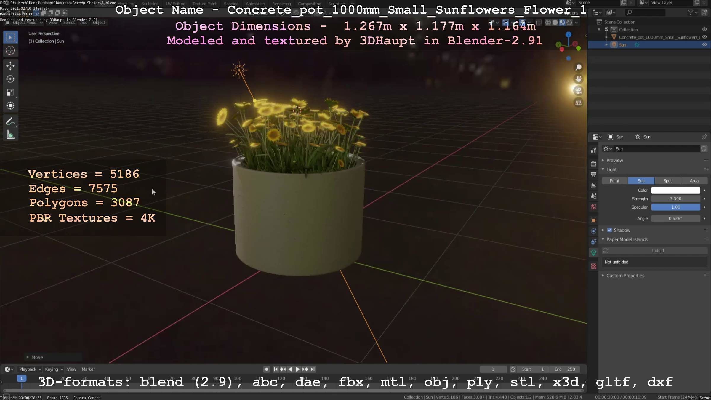 Concrete Pipe Pot 1000mm with Small Sunflowers Version 1 Low-poly 3D model_84