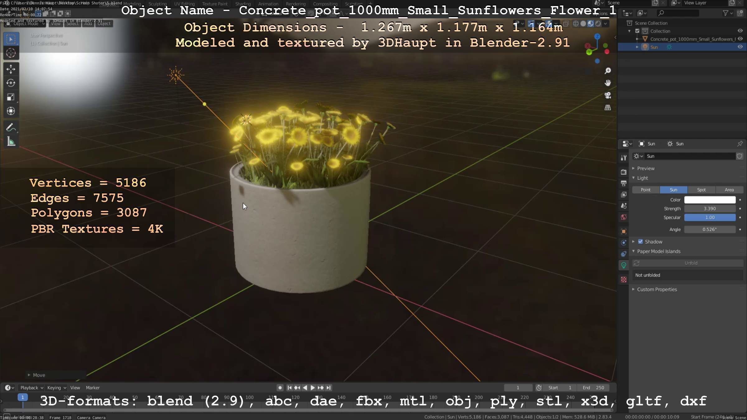 Concrete Pipe Pot 1000mm with Small Sunflowers Version 1 Low-poly 3D model_26