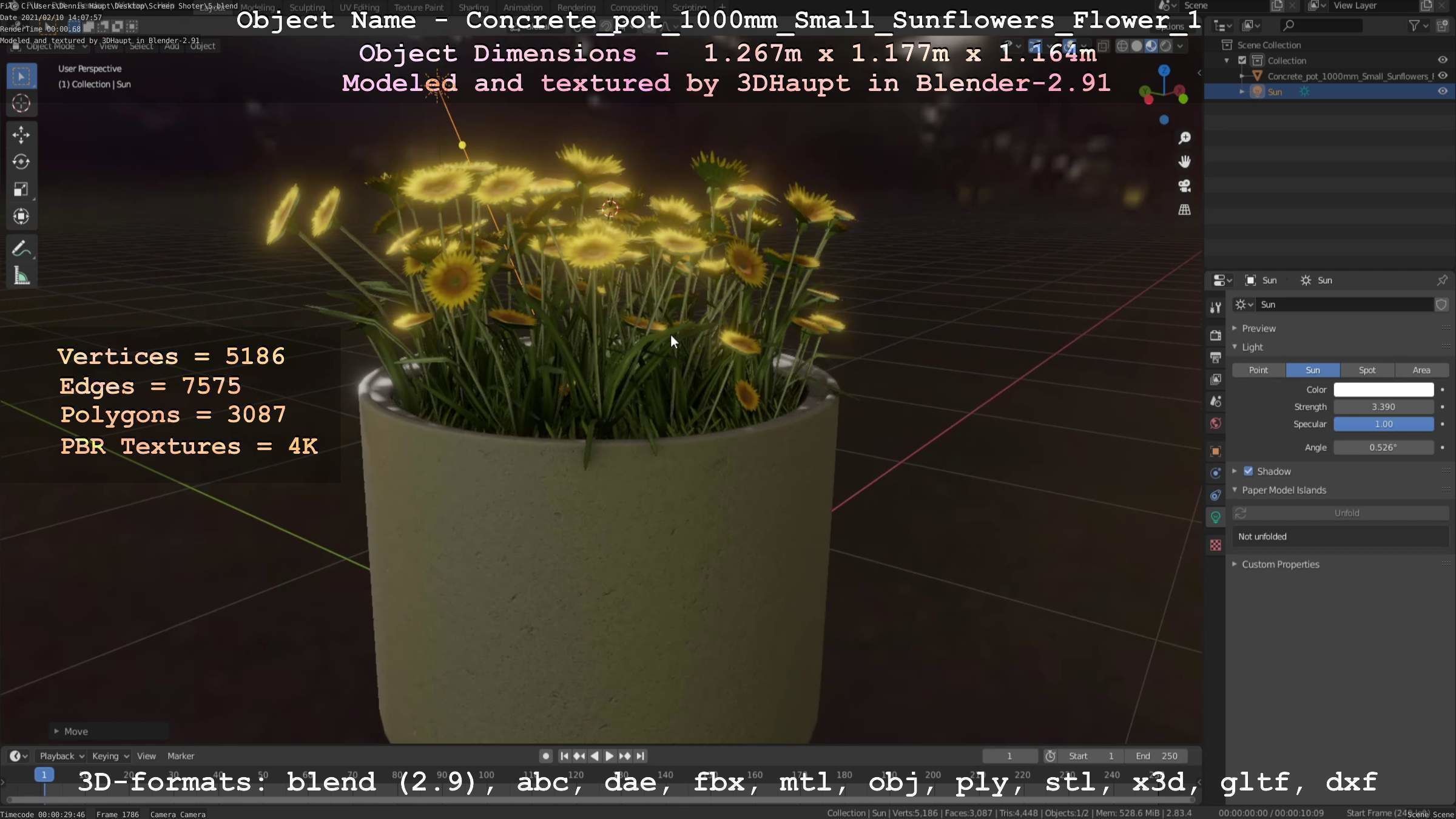 Concrete Pipe Pot 1000mm with Small Sunflowers Version 1 Low-poly 3D model_92