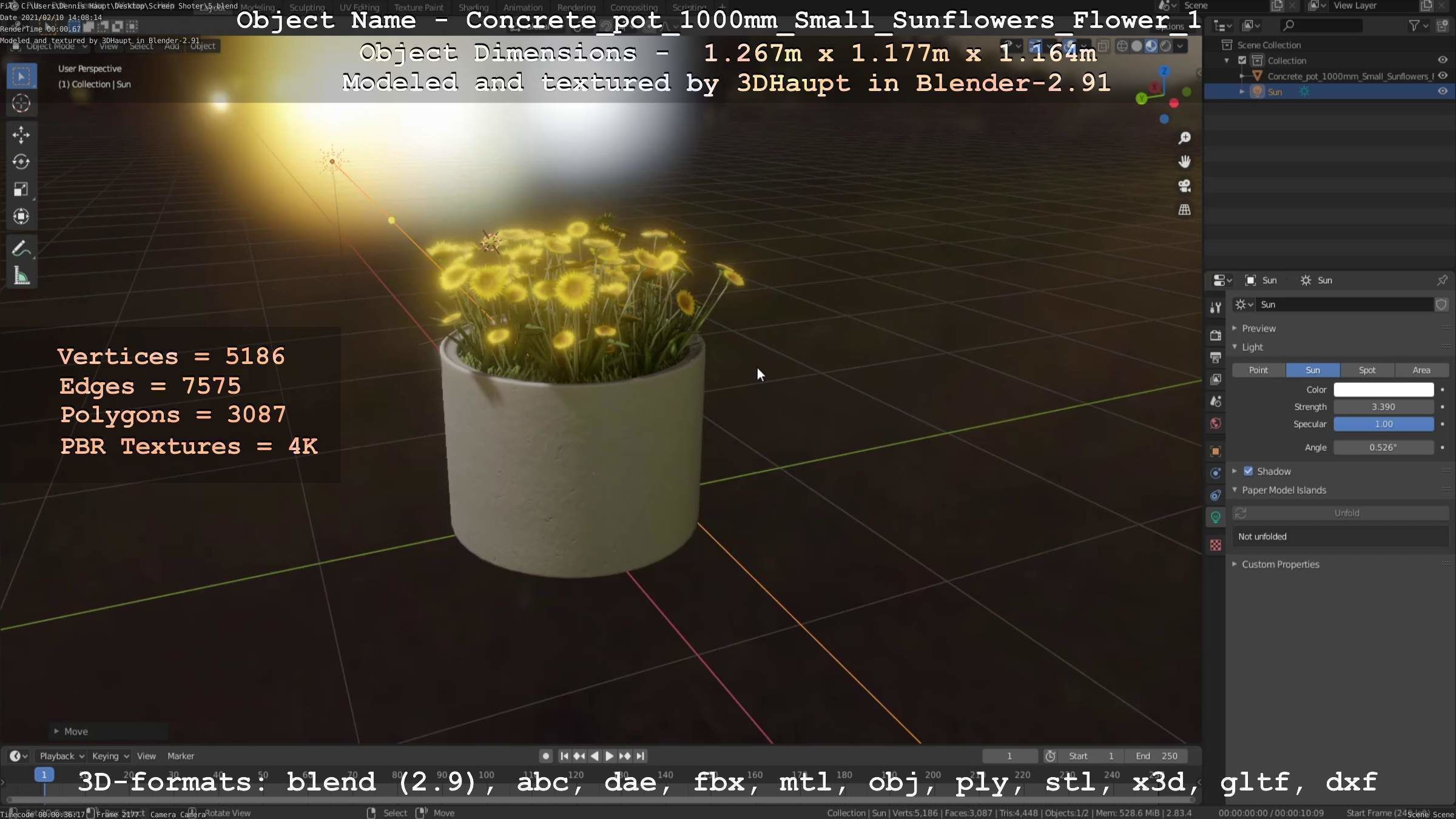 Concrete Pipe Pot 1000mm with Small Sunflowers Version 1 Low-poly 3D model_47