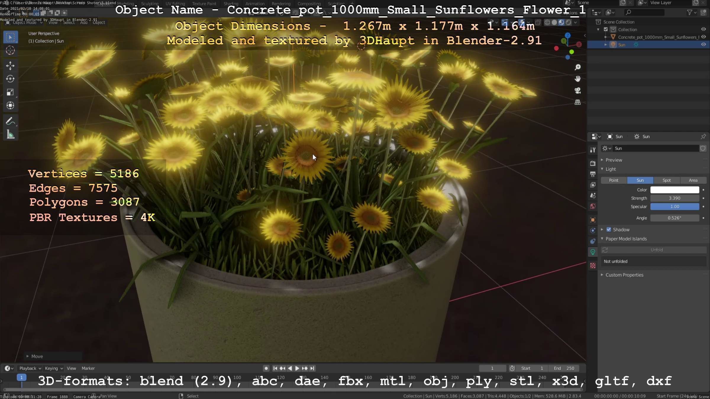 Concrete Pipe Pot 1000mm with Small Sunflowers Version 1 Low-poly 3D model_35