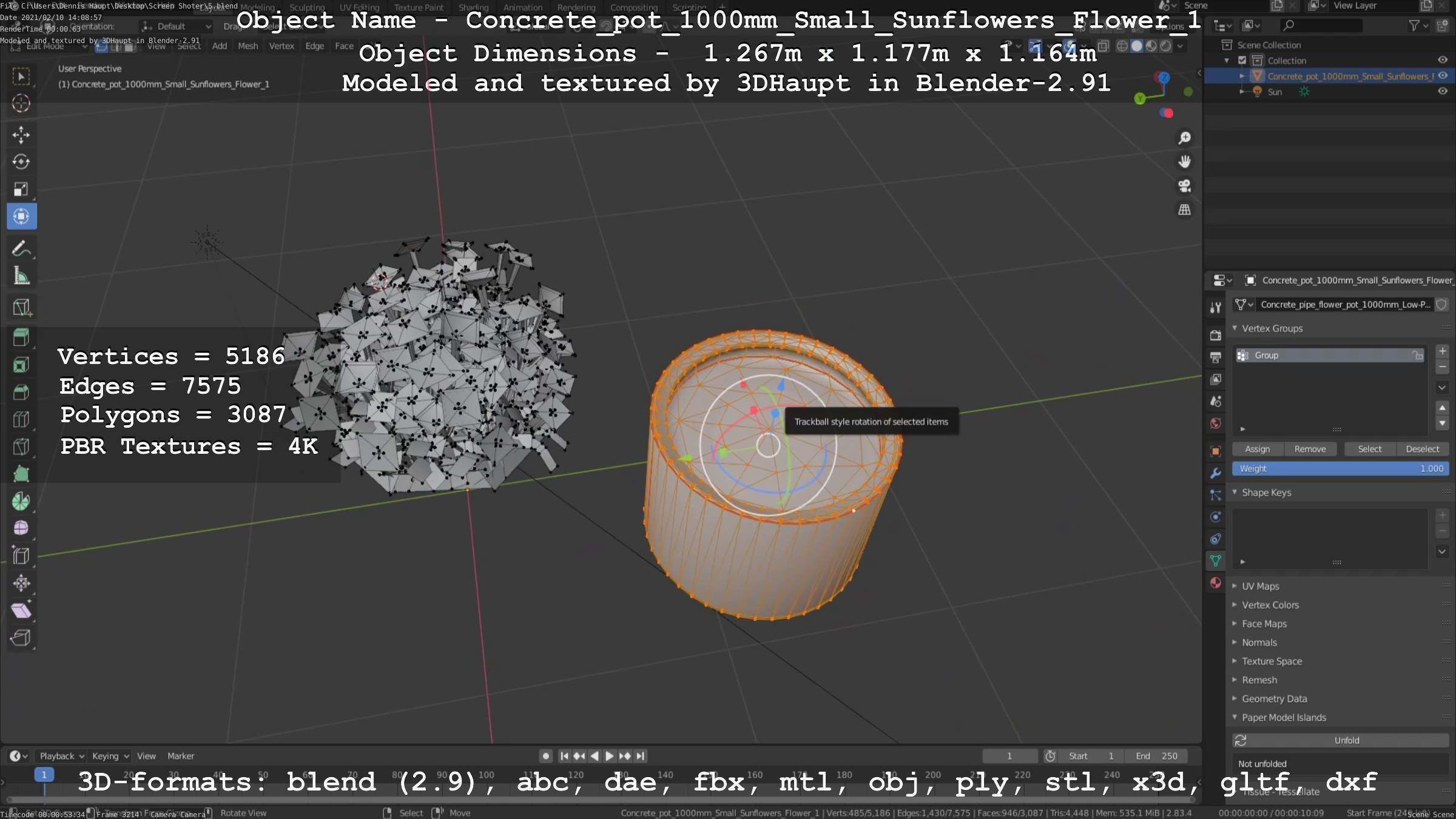 Concrete Pipe Pot 1000mm with Small Sunflowers Version 1 Low-poly 3D model_16