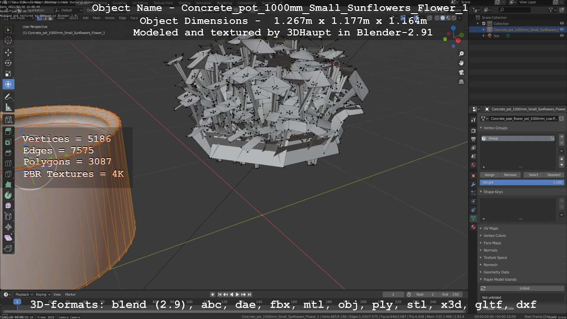 Concrete Pipe Pot 1000mm with Small Sunflowers Version 1 Low-poly 3D model_13