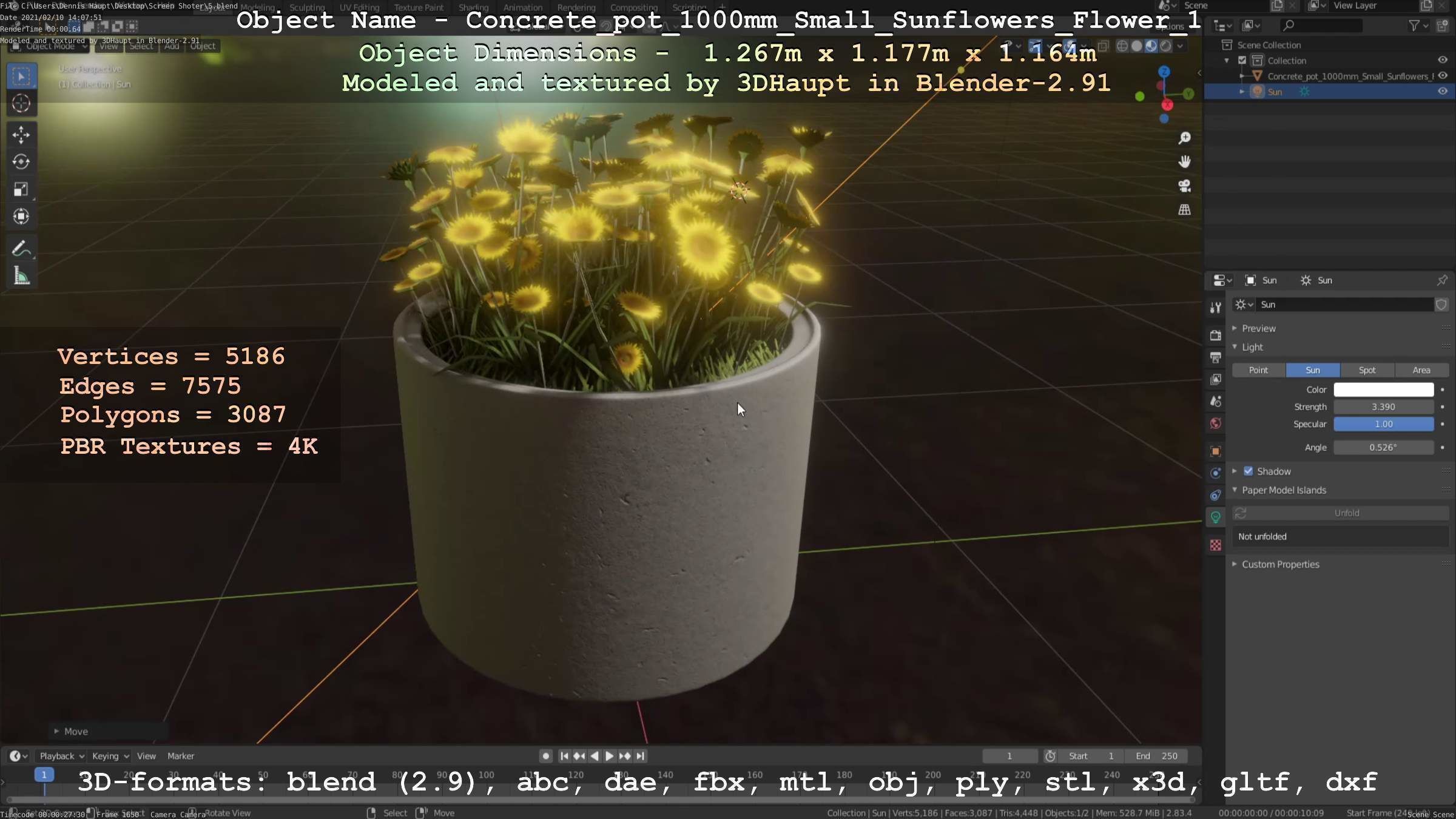 Concrete Pipe Pot 1000mm with Small Sunflowers Version 1 Low-poly 3D model_15