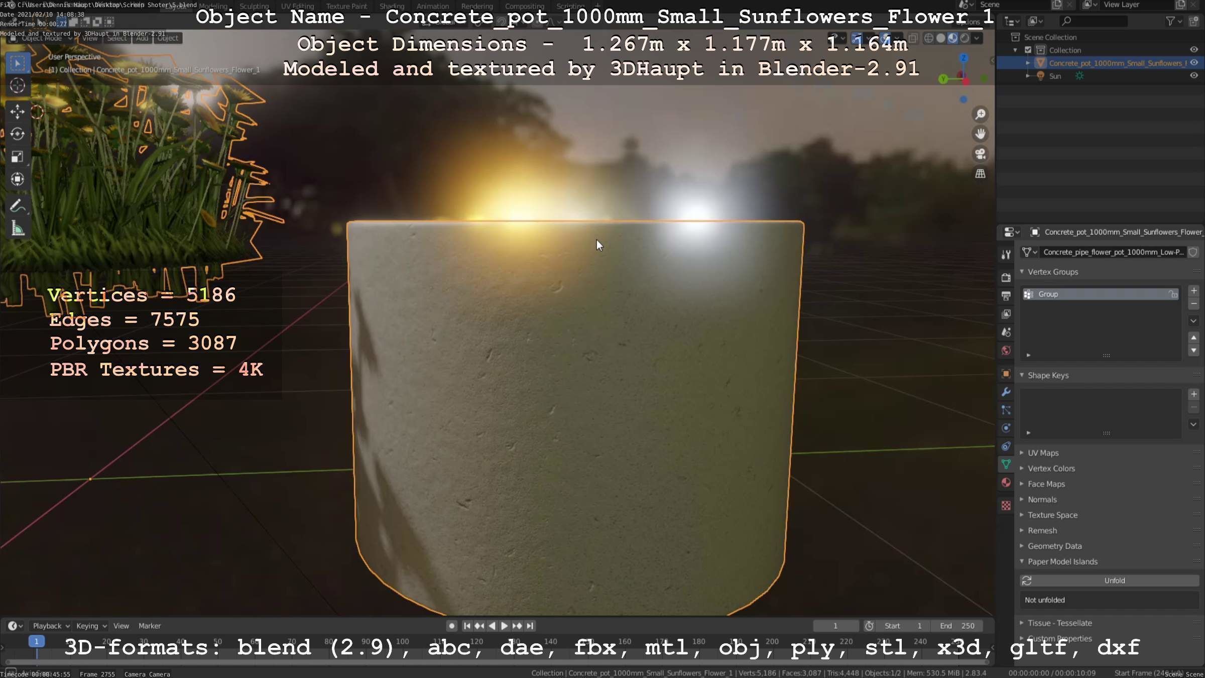 Concrete Pipe Pot 1000mm with Small Sunflowers Version 1 Low-poly 3D model_58
