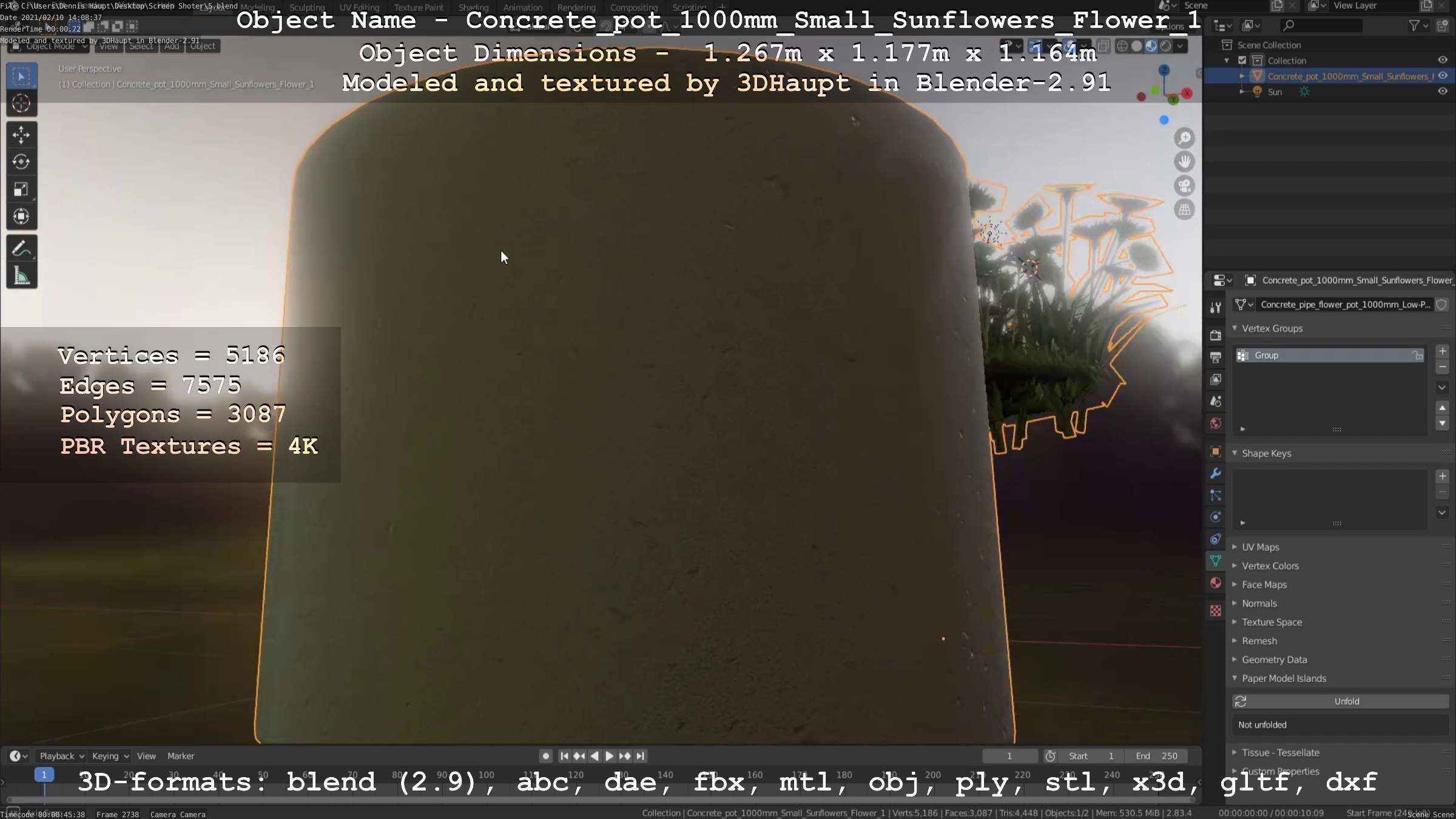 Concrete Pipe Pot 1000mm with Small Sunflowers Version 1 Low-poly 3D model_57