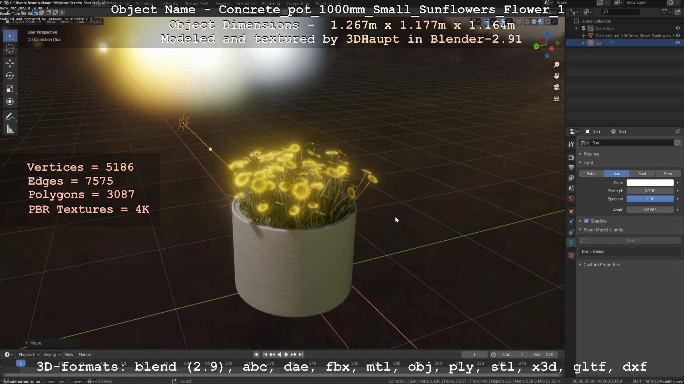 Concrete Pipe Pot 1000mm with Small Sunflowers Version 1 Low-poly 3D model_46