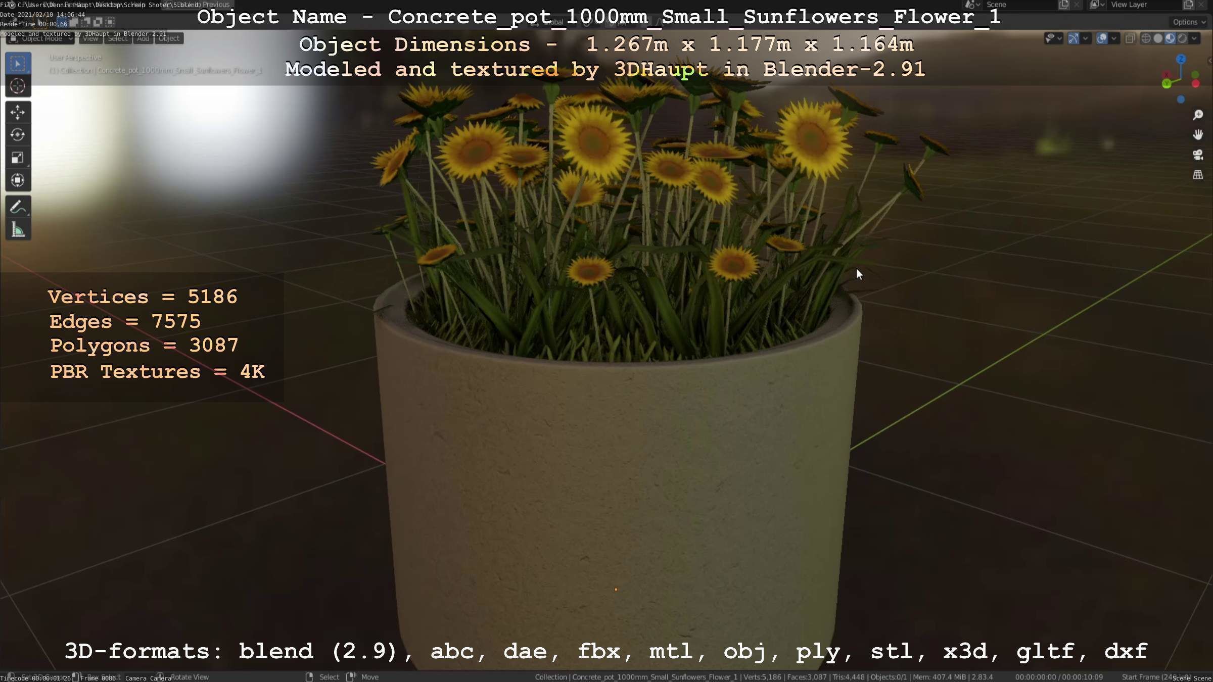 Concrete Pipe Pot 1000mm with Small Sunflowers Version 1 Low-poly 3D model_67