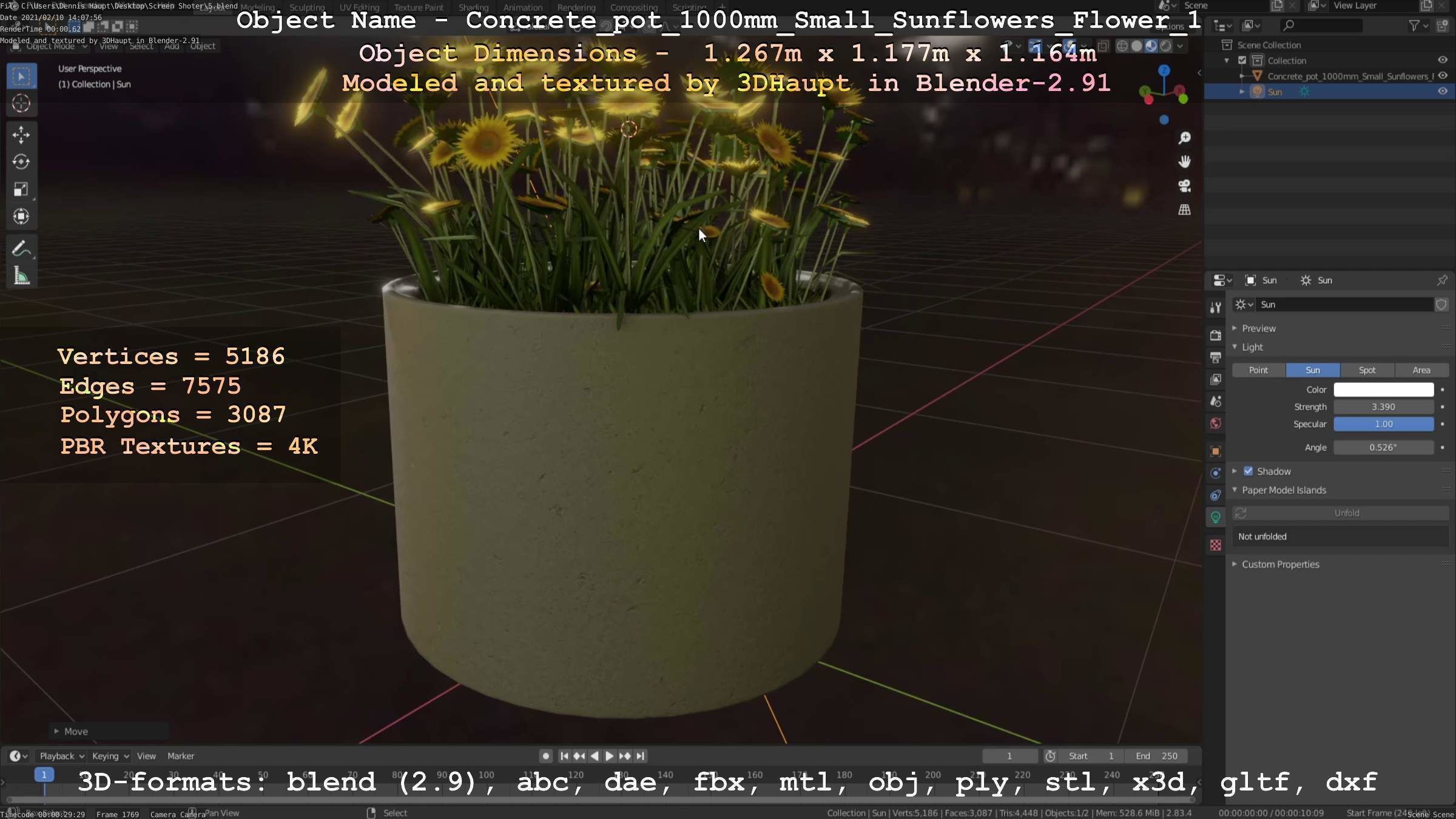 Concrete Pipe Pot 1000mm with Small Sunflowers Version 1 Low-poly 3D model_27