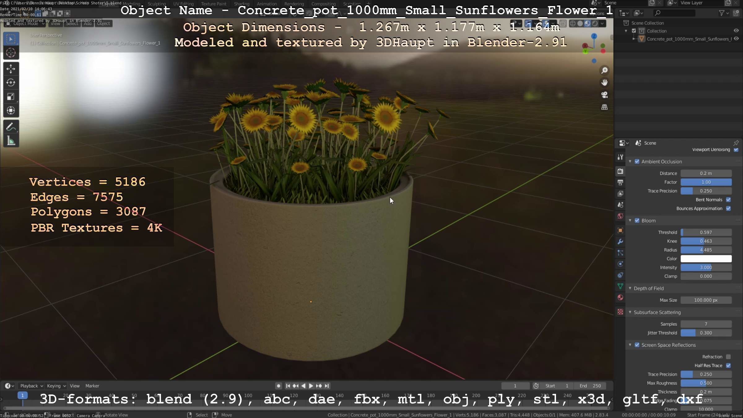 Concrete Pipe Pot 1000mm with Small Sunflowers Version 1 Low-poly 3D model_65