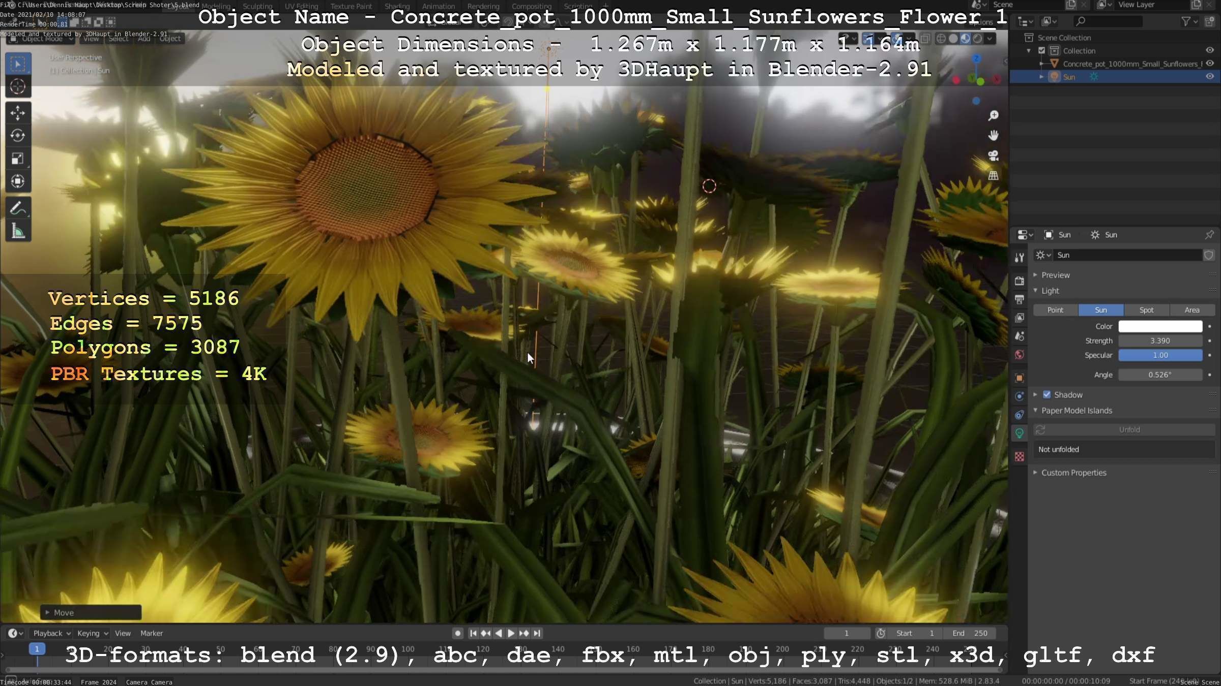 Concrete Pipe Pot 1000mm with Small Sunflowers Version 1 Low-poly 3D model_30