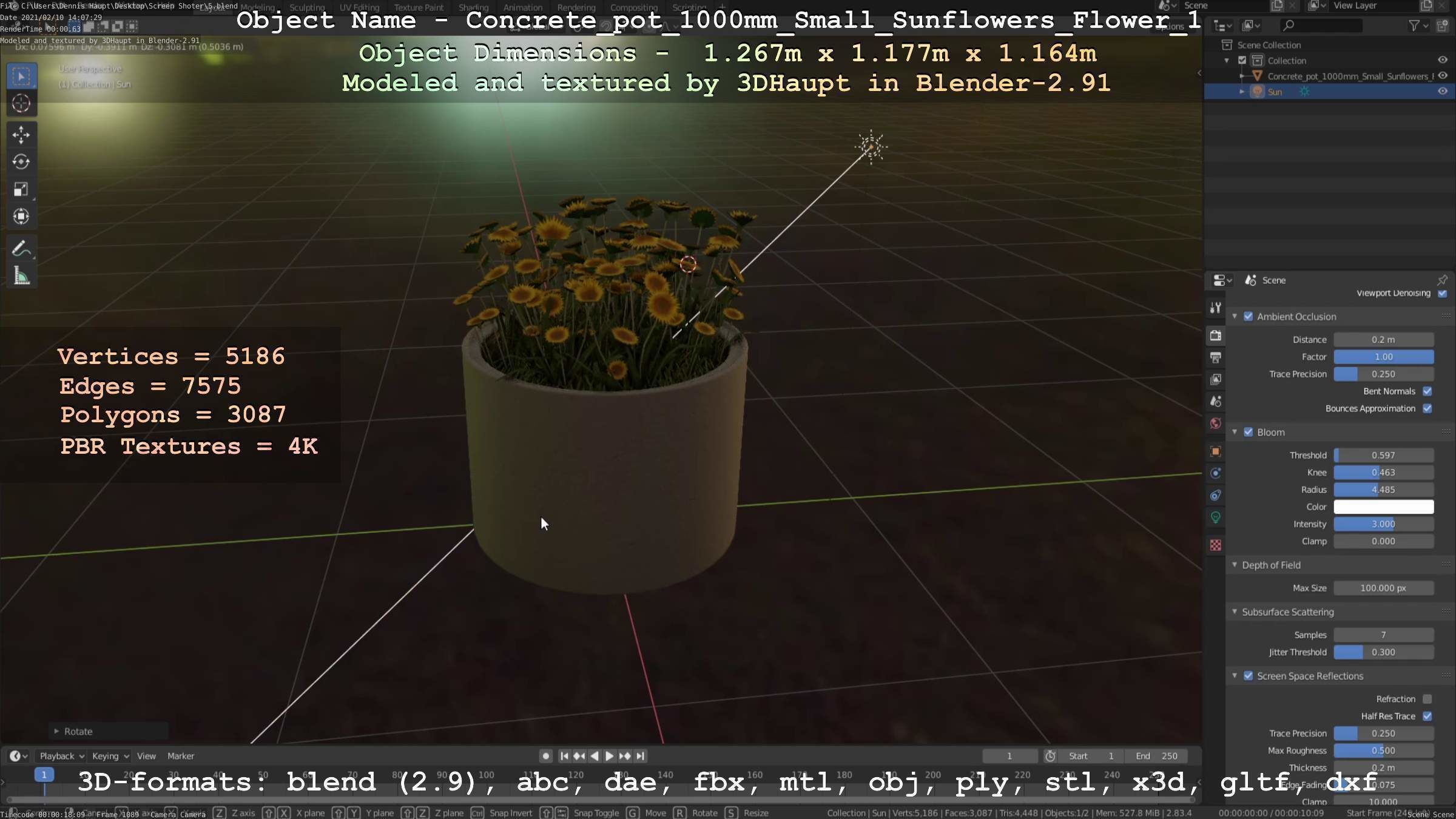 Concrete Pipe Pot 1000mm with Small Sunflowers Version 1 Low-poly 3D model_23
