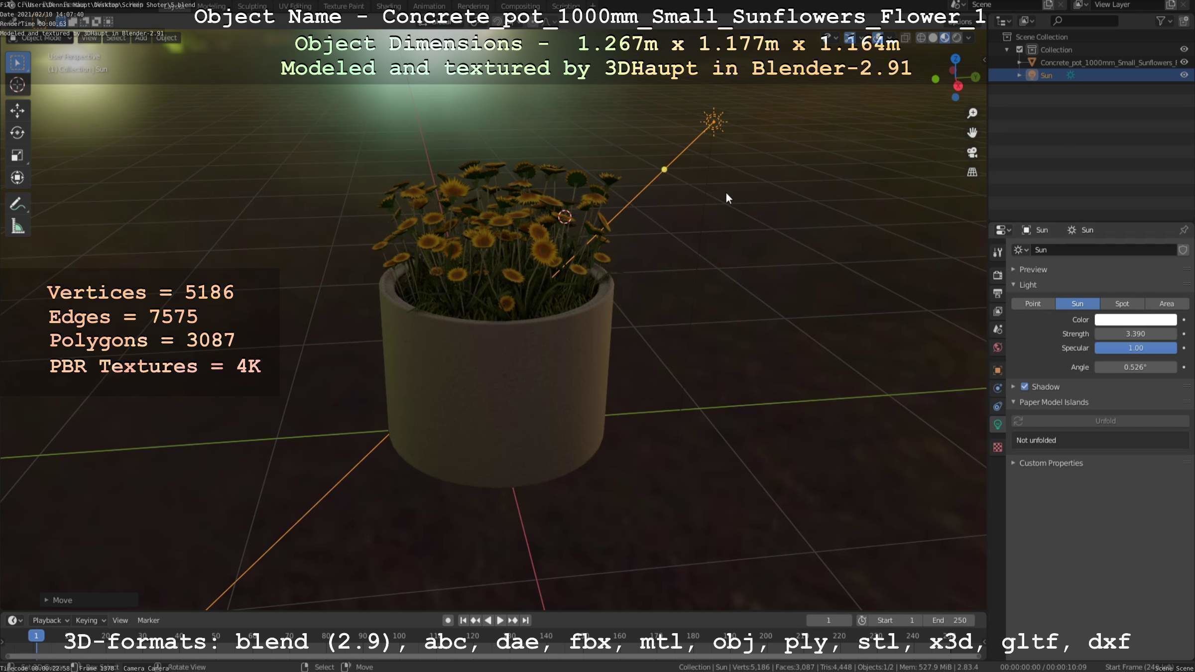 Concrete Pipe Pot 1000mm with Small Sunflowers Version 1 Low-poly 3D model_79