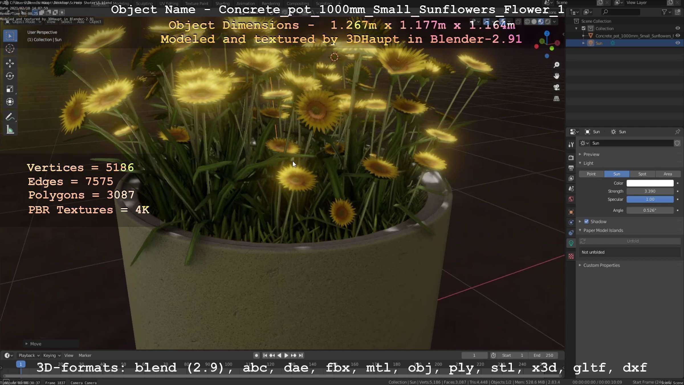 Concrete Pipe Pot 1000mm with Small Sunflowers Version 1 Low-poly 3D model_3