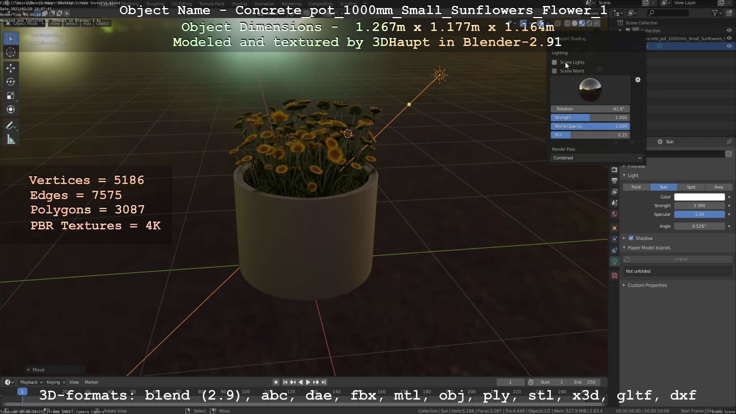 Concrete Pipe Pot 1000mm with Small Sunflowers Version 1 Low-poly 3D model_85