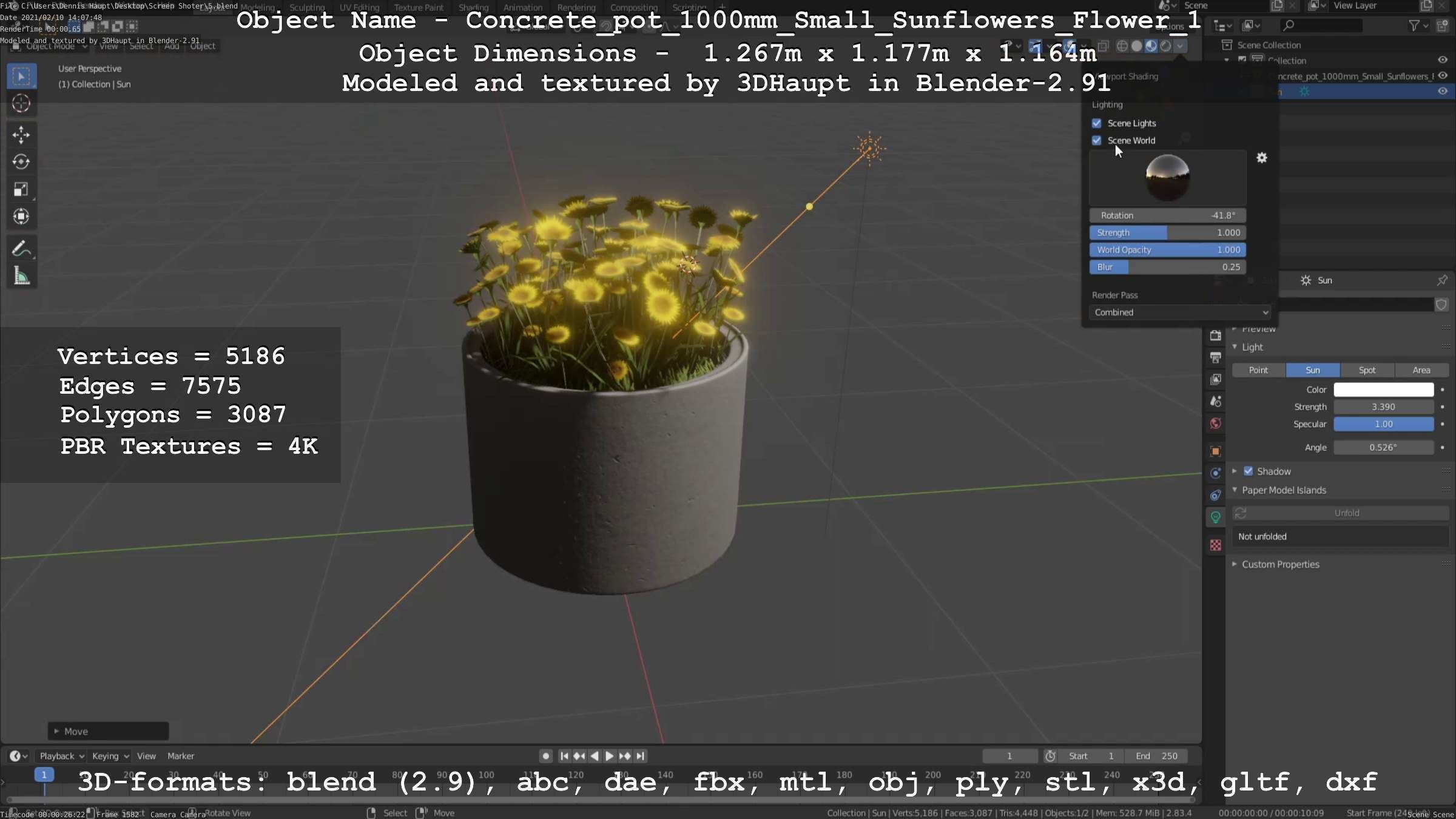 Concrete Pipe Pot 1000mm with Small Sunflowers Version 1 Low-poly 3D model_25