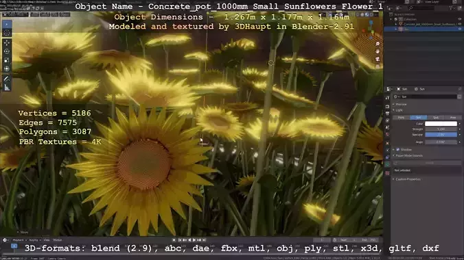 Concrete Pipe Pot 1000mm with Small Sunflowers Version 1 Low-poly 3D model