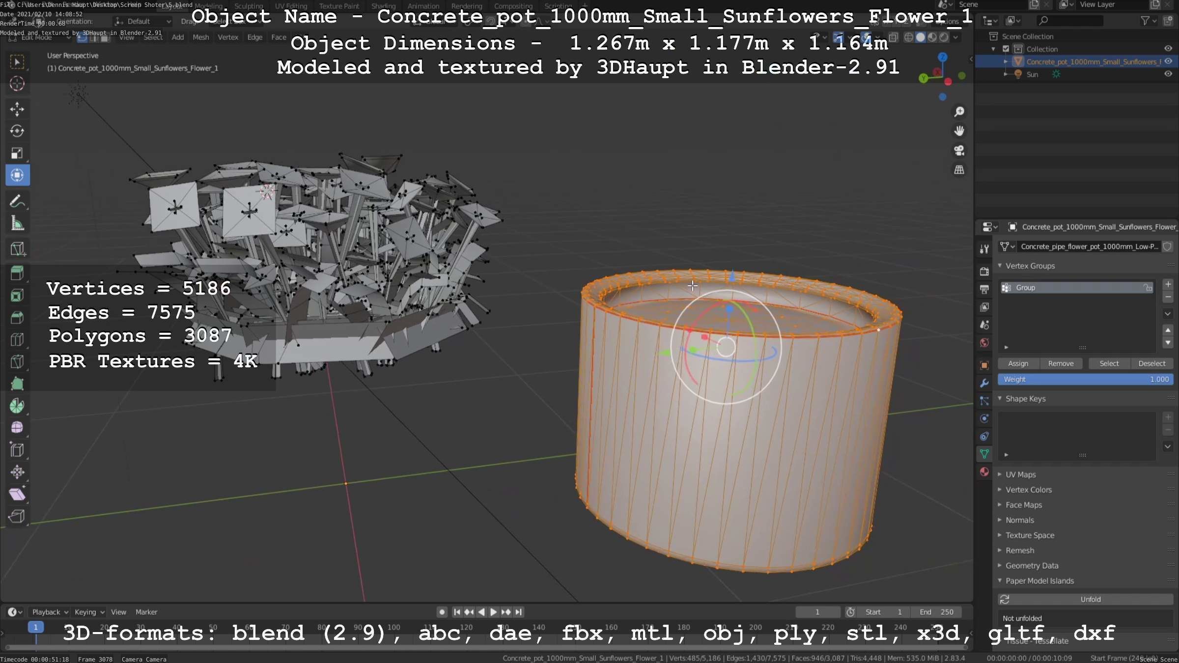 Concrete Pipe Pot 1000mm with Small Sunflowers Version 1 Low-poly 3D model_14