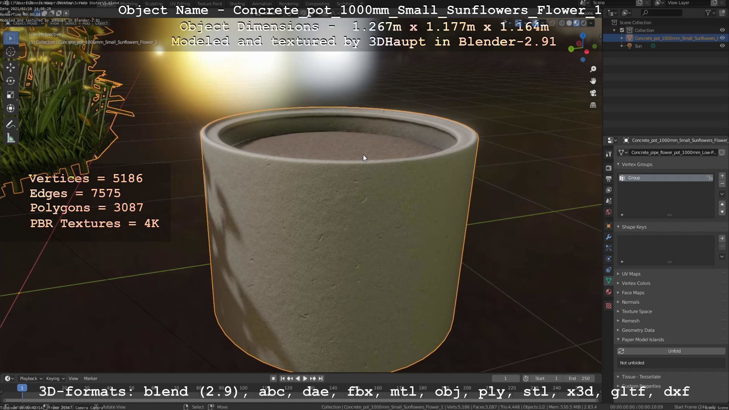 Concrete Pipe Pot 1000mm with Small Sunflowers Version 1 Low-poly 3D model_8
