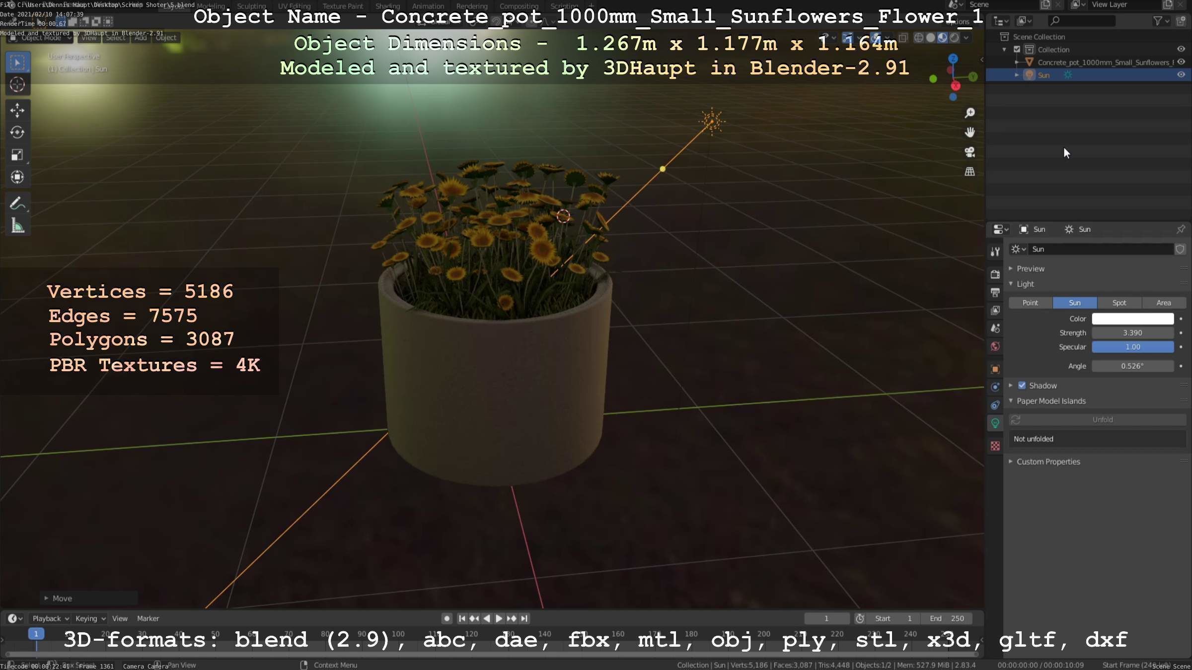 Concrete Pipe Pot 1000mm with Small Sunflowers Version 1 Low-poly 3D model_78