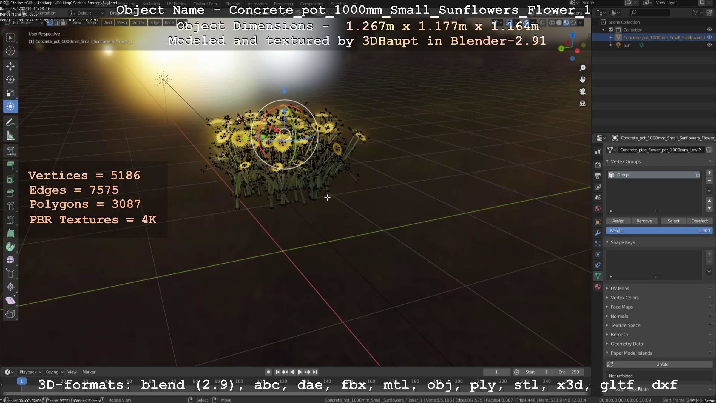 Concrete Pipe Pot 1000mm with Small Sunflowers Version 1 Low-poly 3D model_49