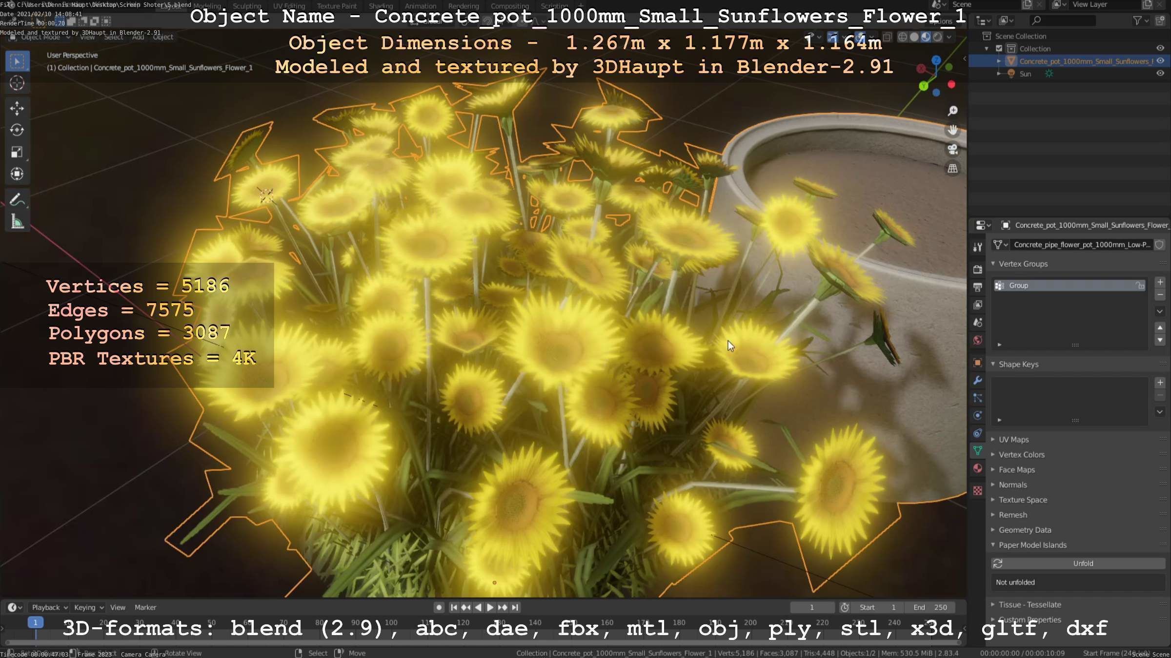 Concrete Pipe Pot 1000mm with Small Sunflowers Version 1 Low-poly 3D model_61