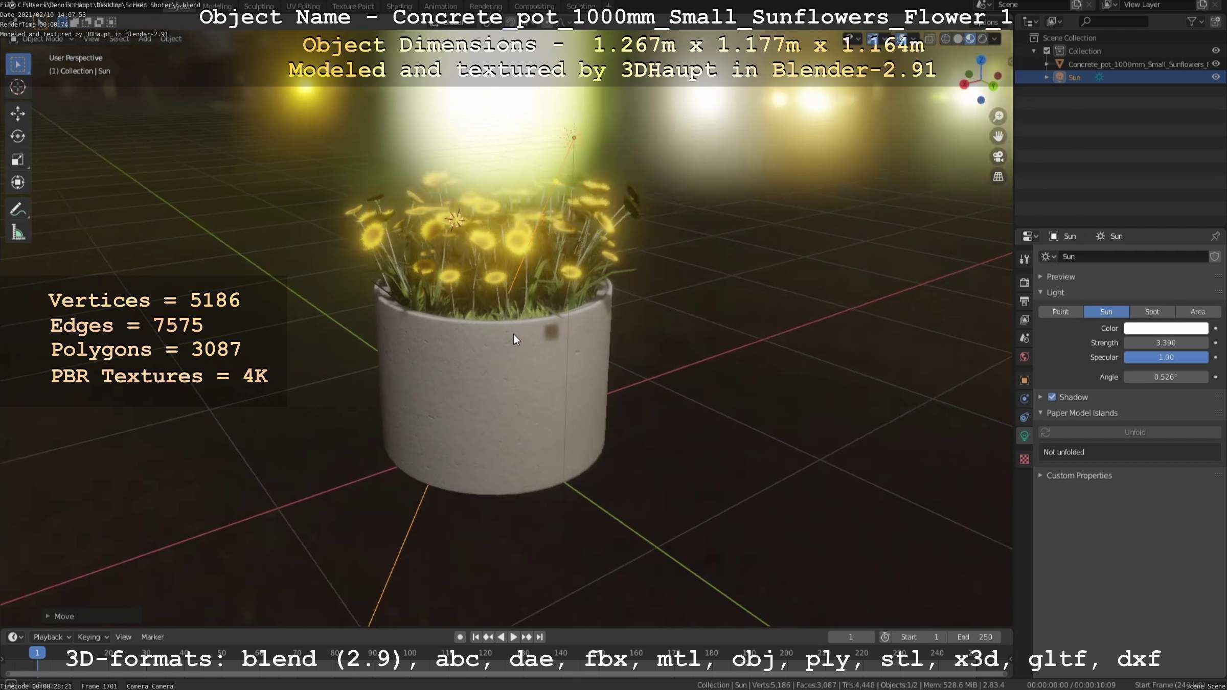 Concrete Pipe Pot 1000mm with Small Sunflowers Version 1 Low-poly 3D model_73