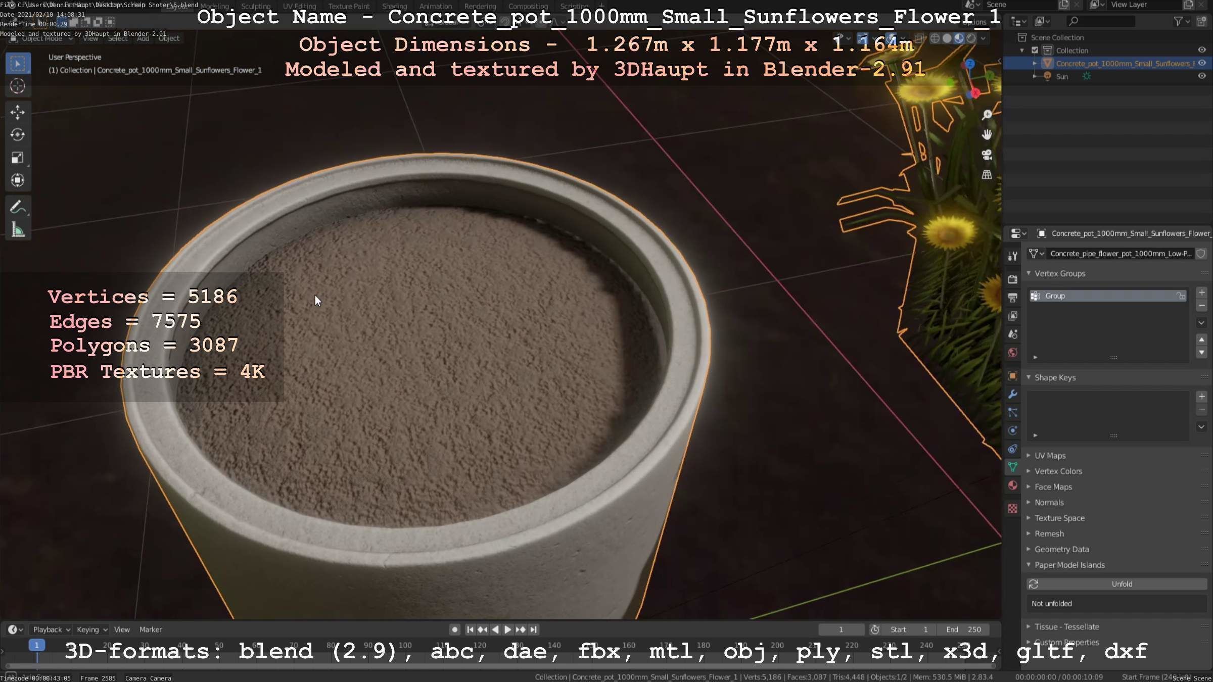 Concrete Pipe Pot 1000mm with Small Sunflowers Version 1 Low-poly 3D model_9