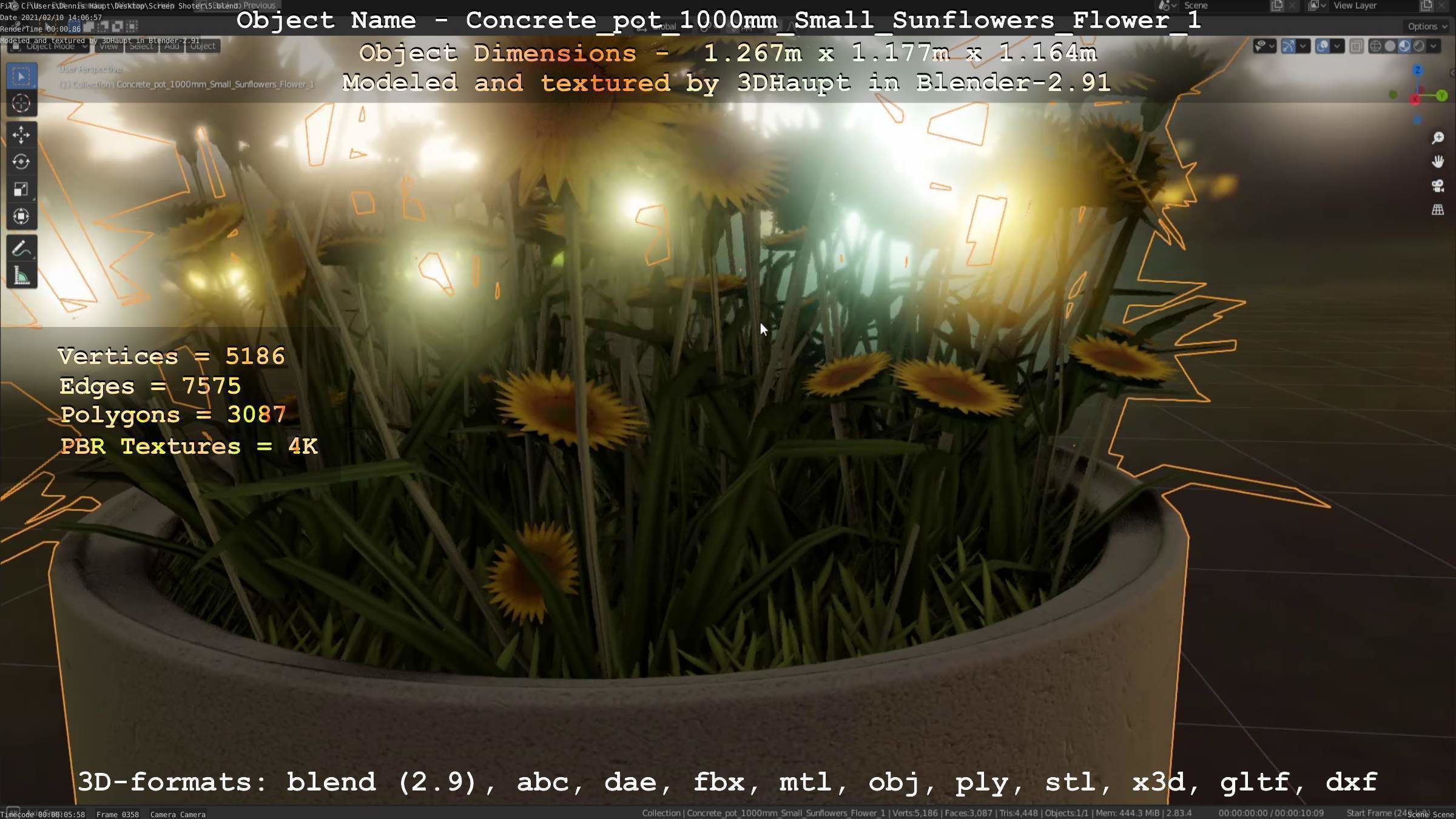 Concrete Pipe Pot 1000mm with Small Sunflowers Version 1 Low-poly 3D model_19