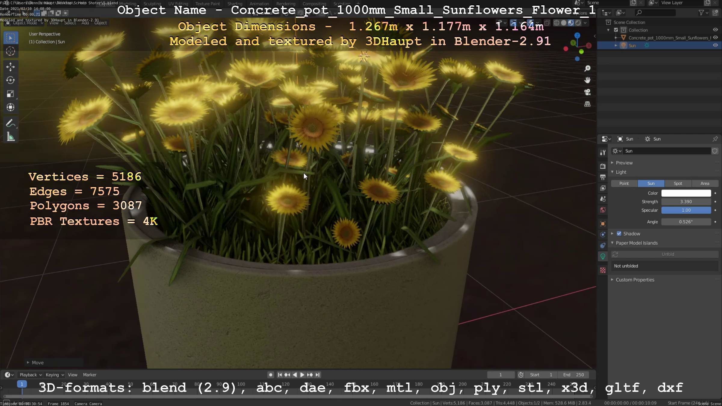 Concrete Pipe Pot 1000mm with Small Sunflowers Version 1 Low-poly 3D model_33